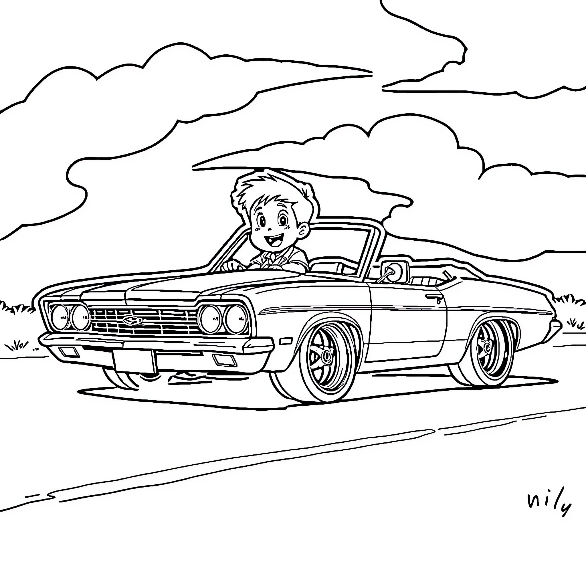 Boy driving a classic car through the countryside Coloring Page (free black-and-white line drawing printable PDF for all, from beginners to advanced learners, including children, teens, adults, and seniors)