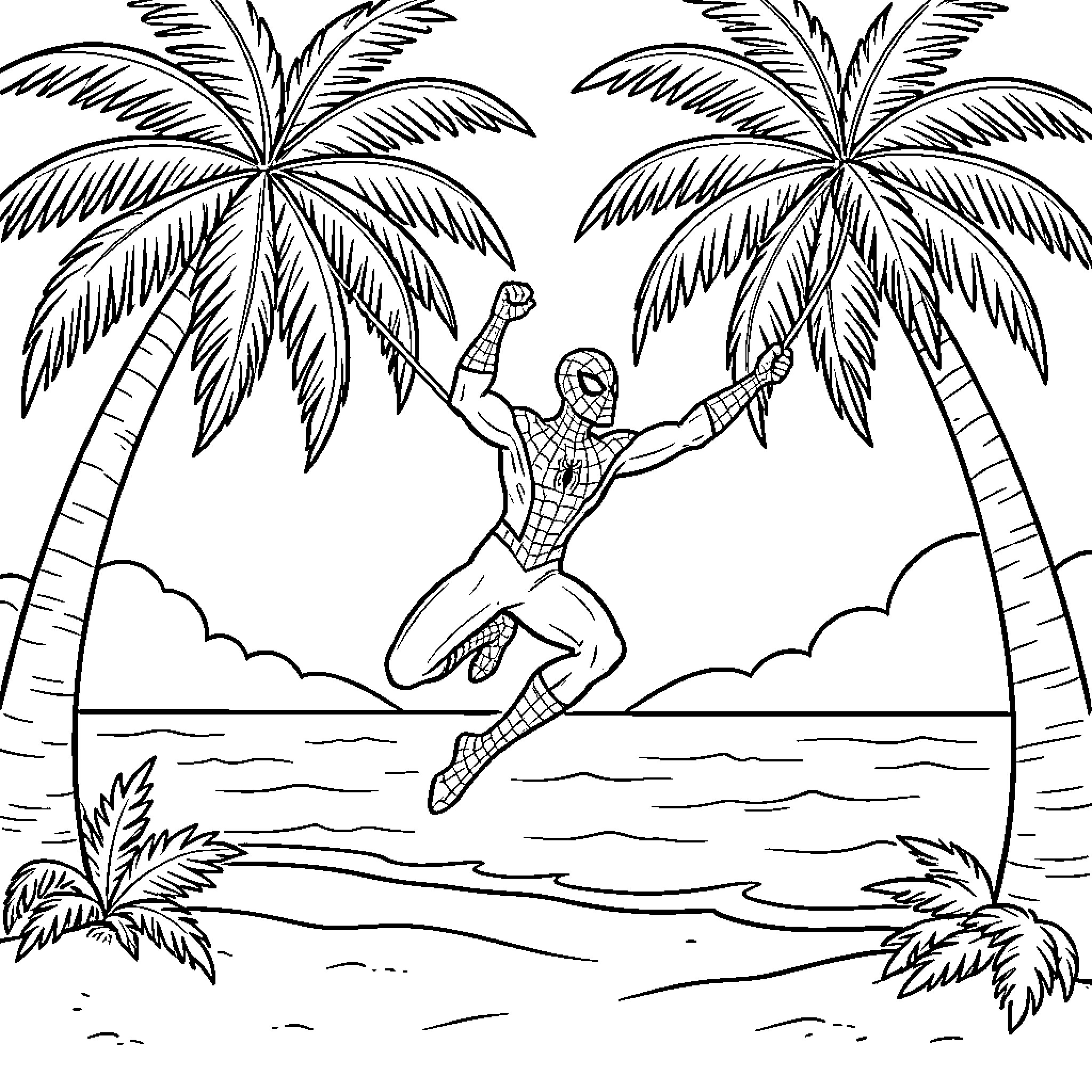 Spiderman swinging through a tropical island landscape Coloring Page (free black-and-white line drawing printable PDF for all, from beginners to advanced learners, including children, teens, adults, and seniors)