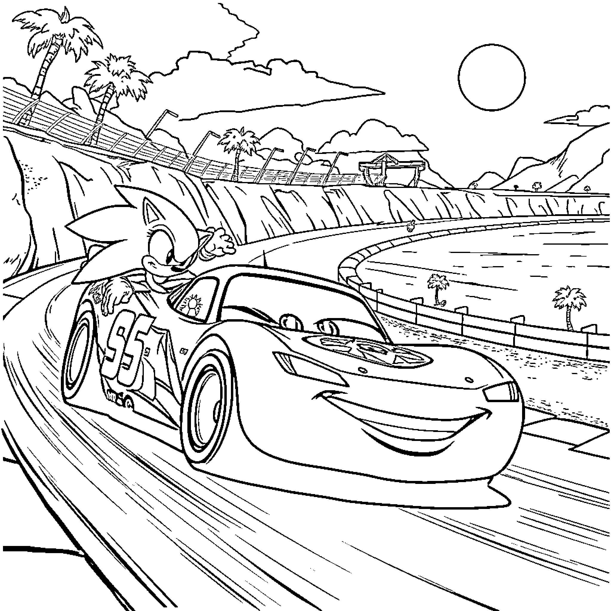 McQueen's Thrilling Race Through the Tropical Landscape Coloring Page (free black-and-white line drawing printable PDF for all, from beginners to advanced learners, including children, teens, adults, and seniors)