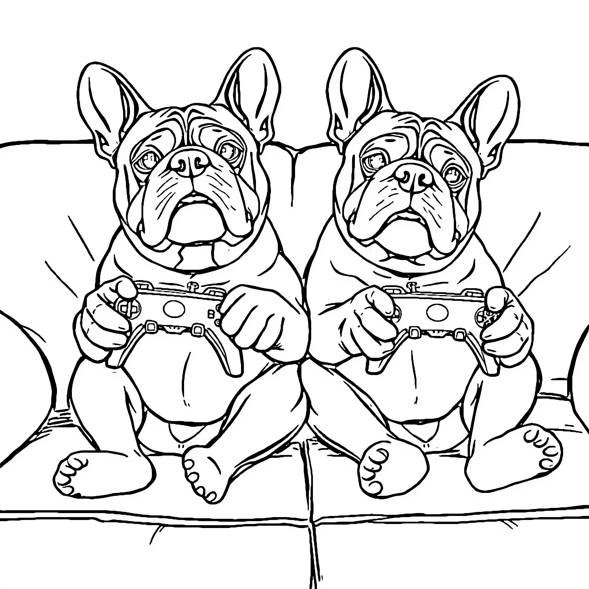 English Bulldogs Playing Video Games Together Coloring Page (free black-and-white line drawing printable PDF for all, from beginners to advanced learners, including children, teens, adults, and seniors)