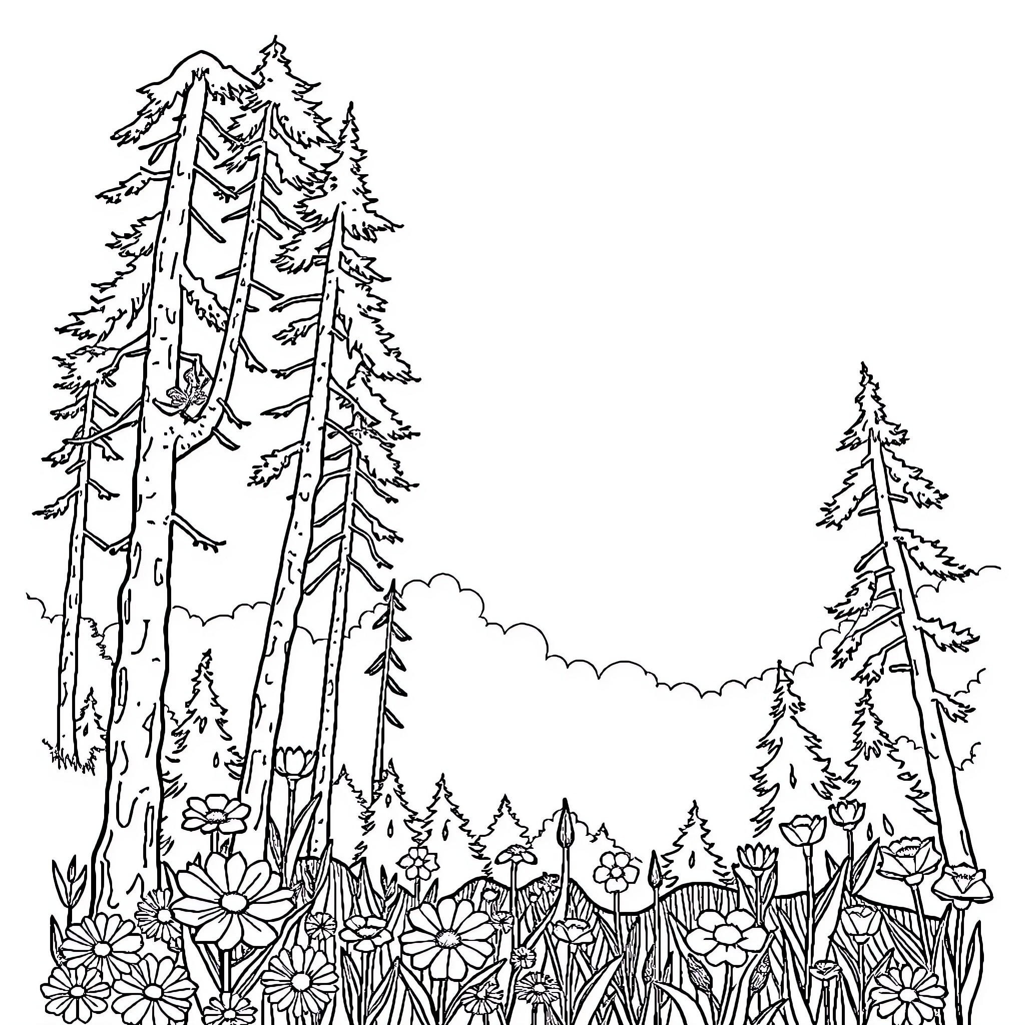 Nature's Enchanting Forest Landscape Coloring Page (free black-and-white line drawing printable PDF for all, from beginners to advanced learners, including children, teens, adults, and seniors)