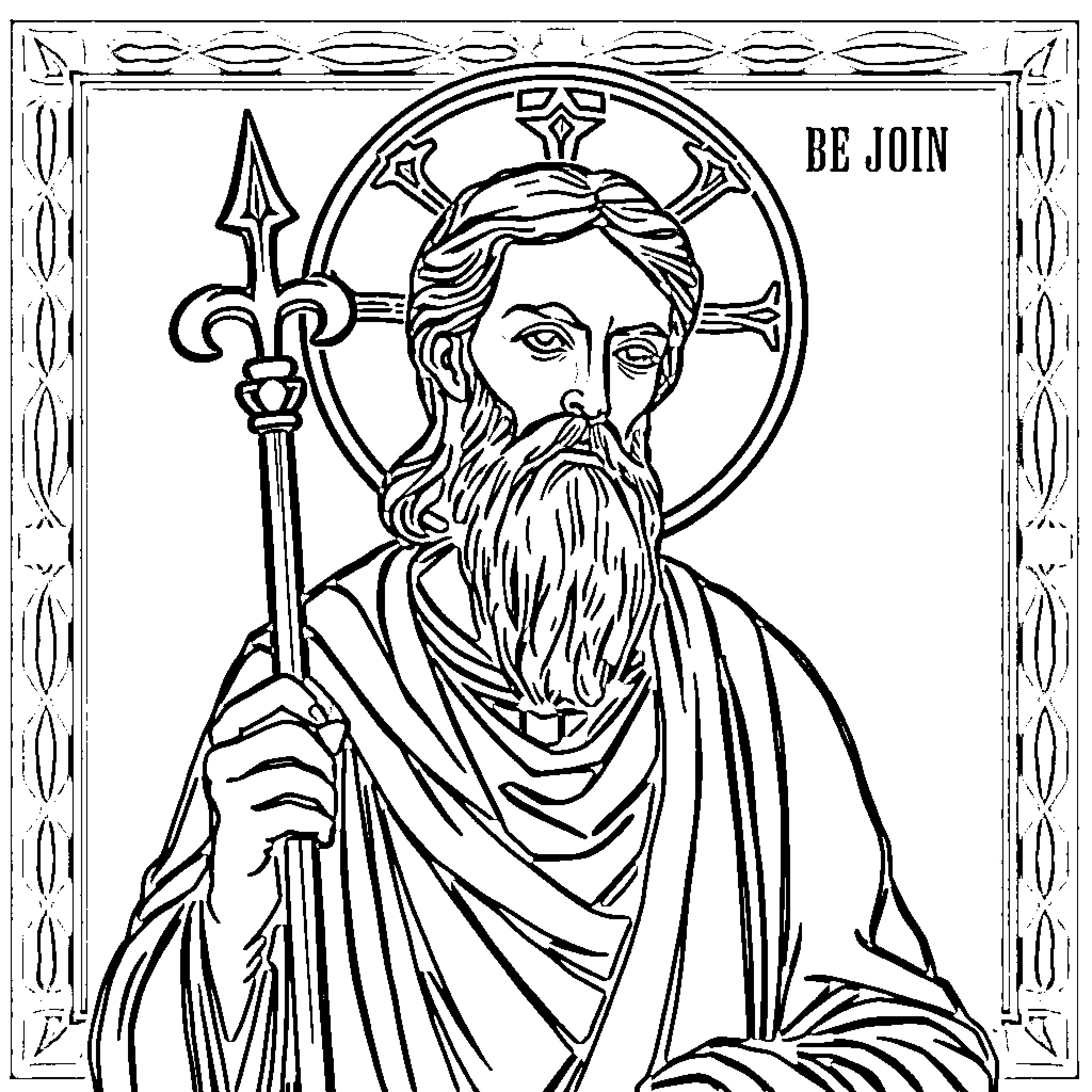 Saint John the Baptist in prayer with staff Coloring Page (free black-and-white line drawing printable PDF for all, from beginners to advanced learners, including children, teens, adults, and seniors)
