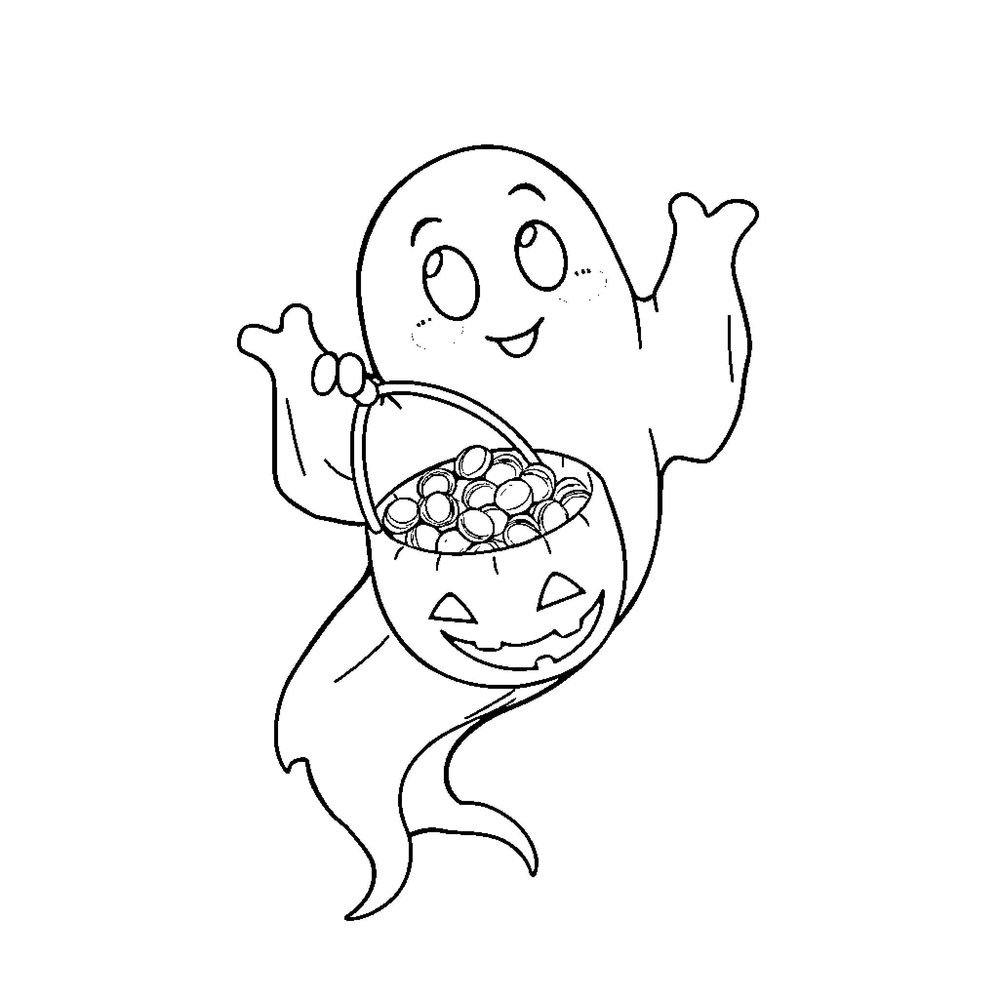 Ghost holding a pumpkin basket of candies Coloring Page (free black-and-white line drawing printable PDF for all, from beginners to advanced learners, including children, teens, adults, and seniors)