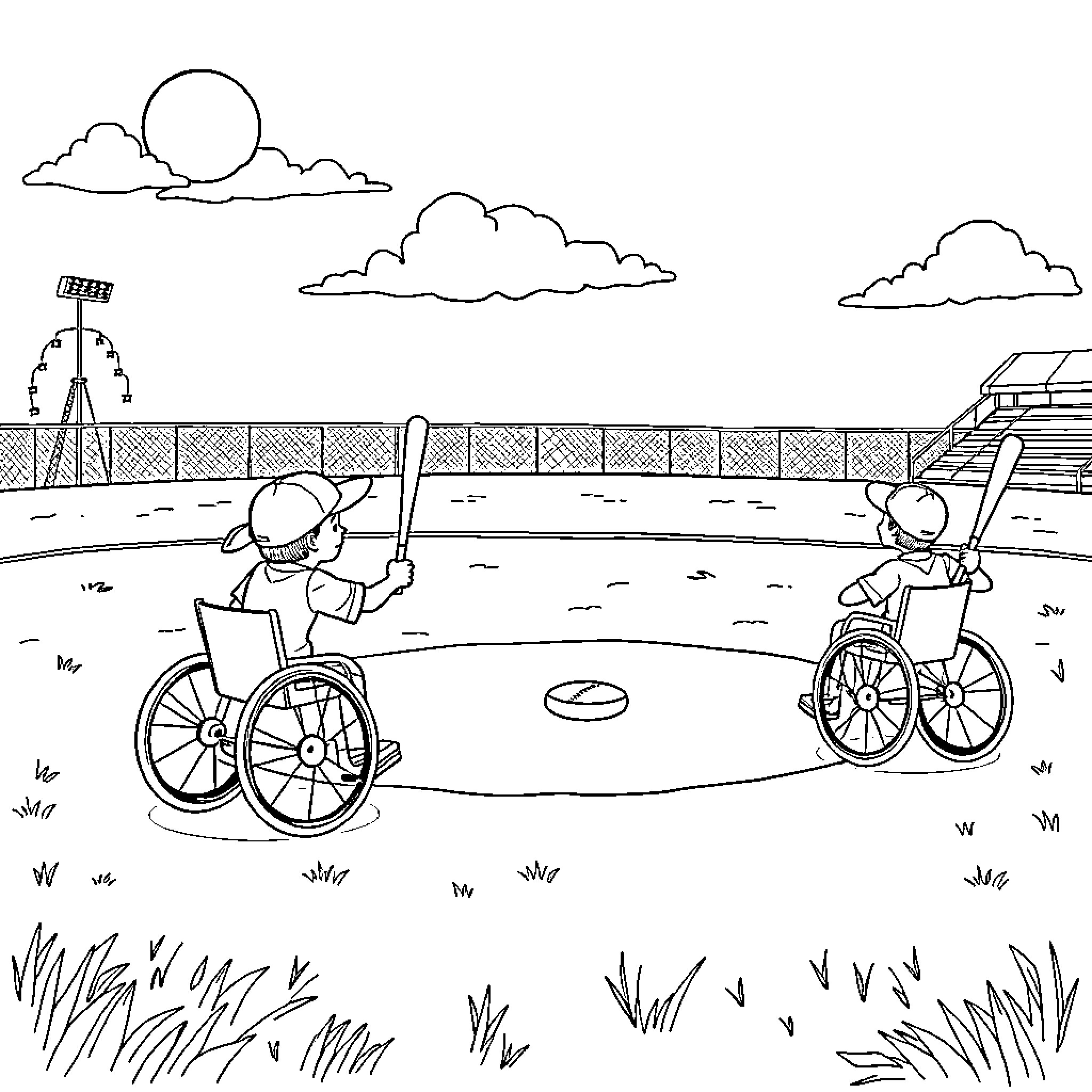 Kids playing baseball on a wheelchair in the park Coloring Page (free black-and-white line drawing printable PDF for all, from beginners to advanced learners, including children, teens, adults, and seniors)