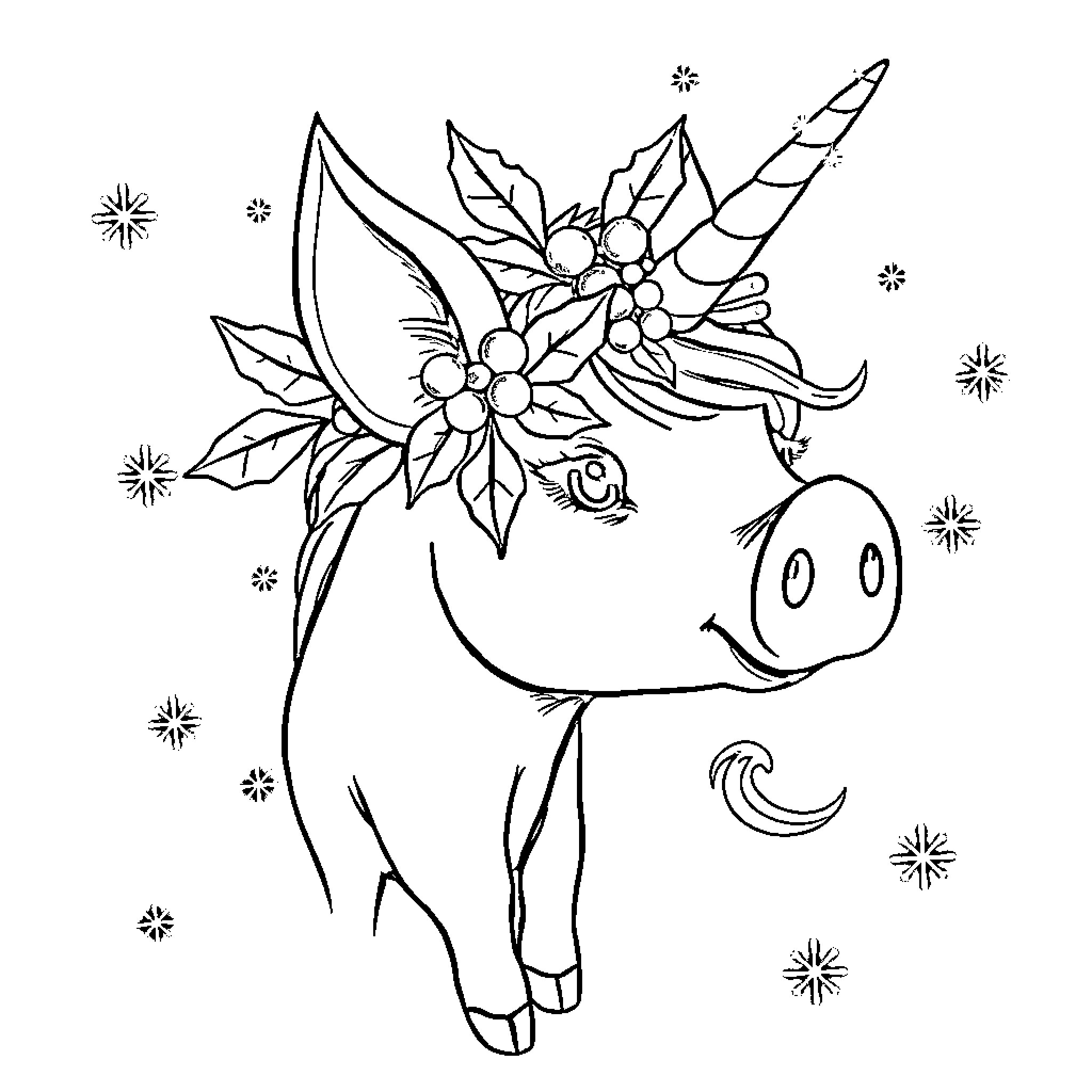 Pig with floral crown in magical setting Coloring Page (free black-and-white line drawing printable PDF for all, from beginners to advanced learners, including children, teens, adults, and seniors)