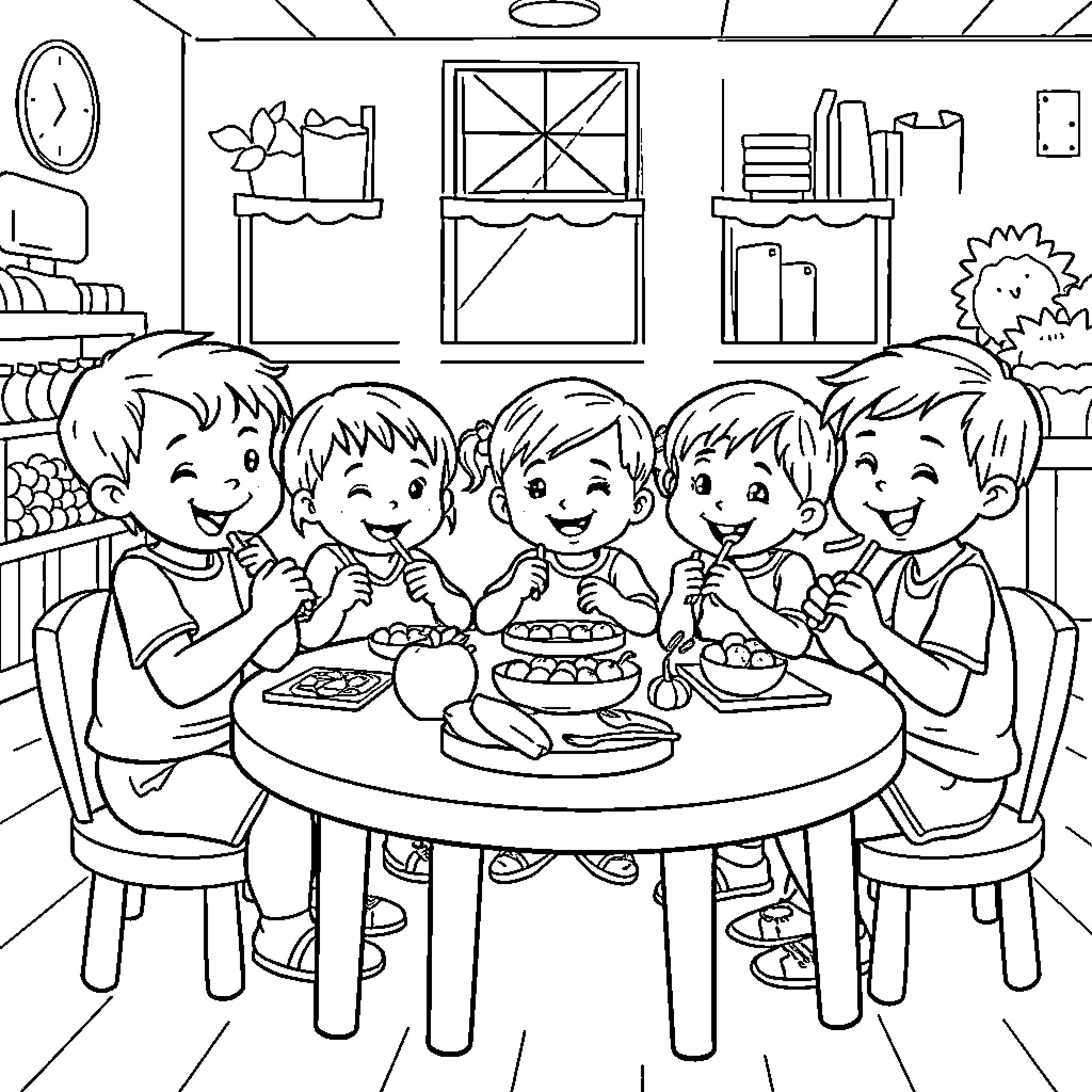 Food Fun with Friends in the Dining Room Coloring Page (free black-and-white line drawing printable PDF for all, from beginners to advanced learners, including children, teens, adults, and seniors)