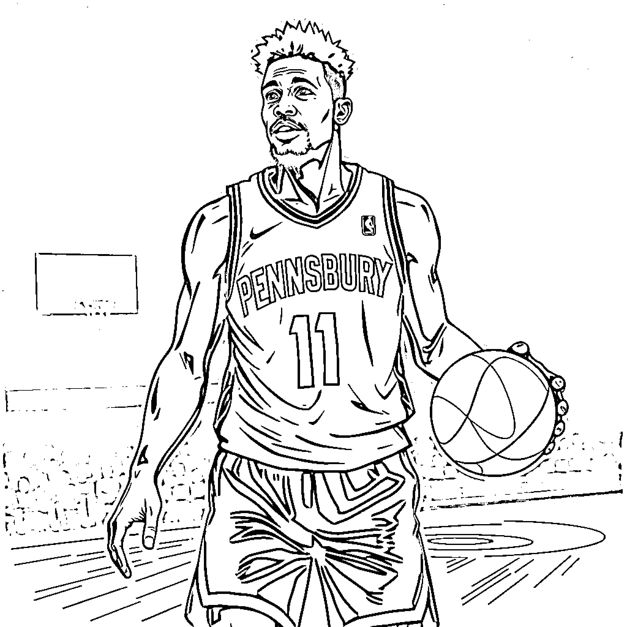 Basketball Player in Pensbury Jersey Holding Ball Coloring Page (free black-and-white line drawing printable PDF for all, from beginners to advanced learners, including children, teens, adults, and seniors)