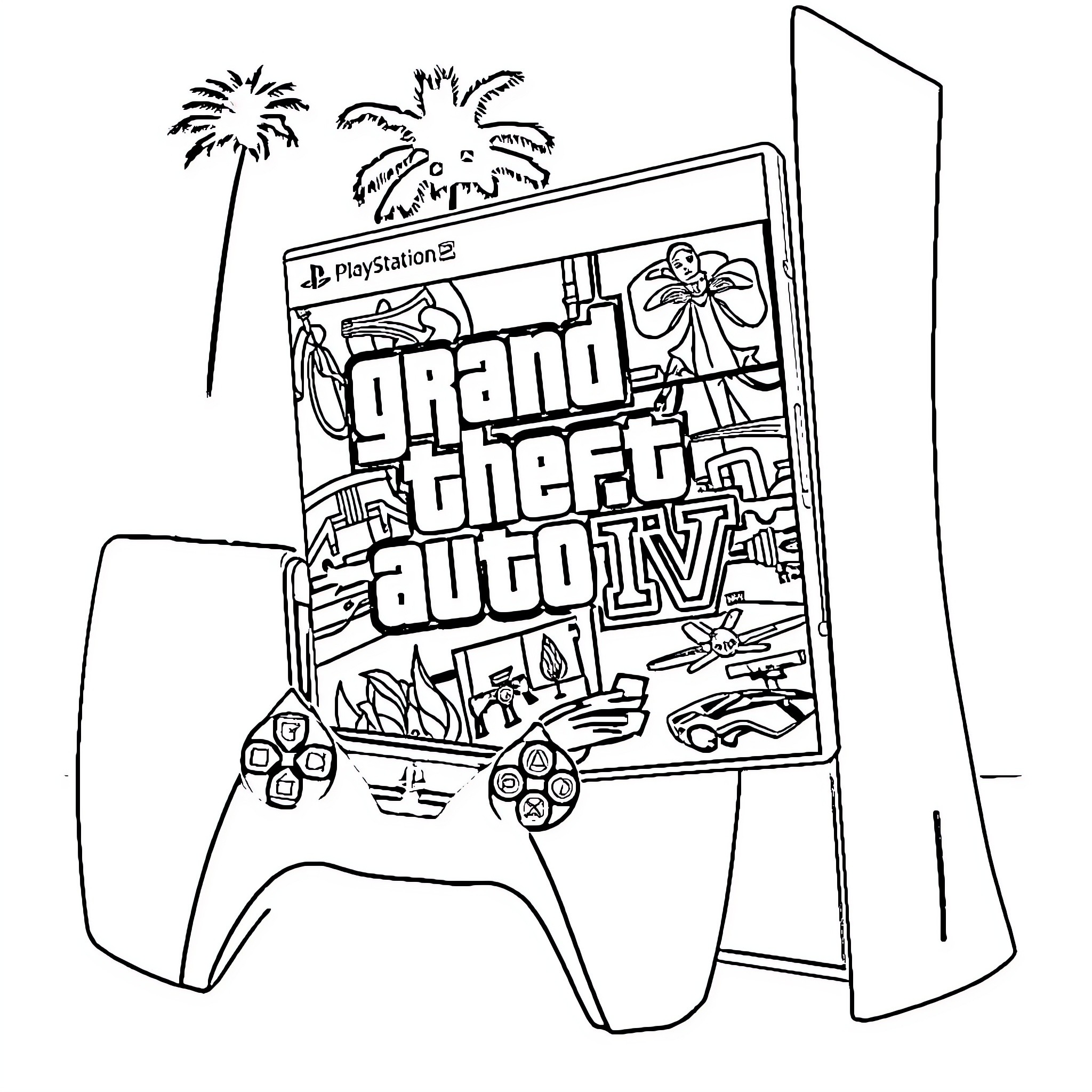 PlayStation video game console with Grand Theft Auto IV cover art Coloring Page (free black-and-white line drawing printable PDF for all, from beginners to advanced learners, including children, teens, adults, and seniors)