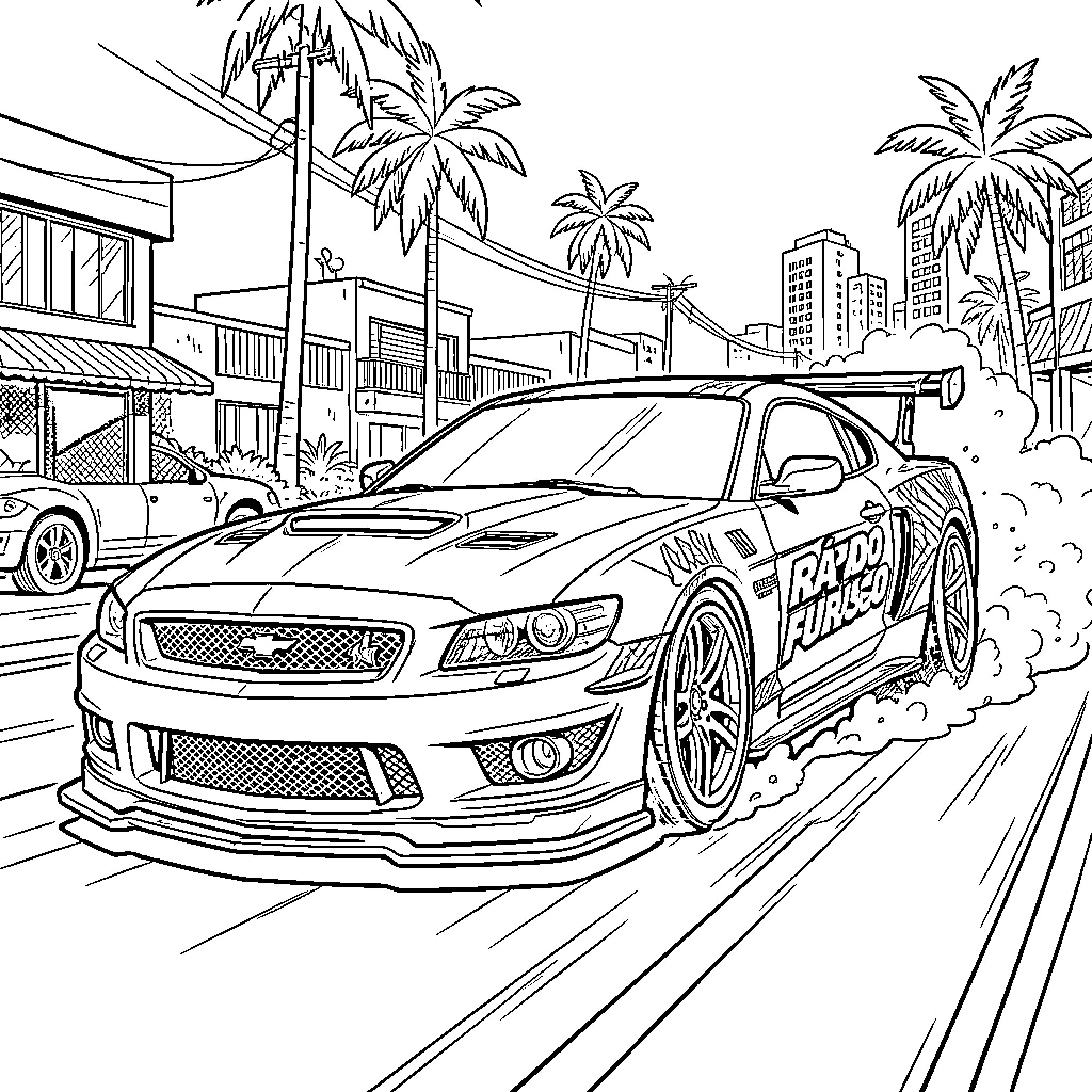 Car racing through a tropical city scene Coloring Page (free black-and-white line drawing printable PDF for all, from beginners to advanced learners, including children, teens, adults, and seniors)
