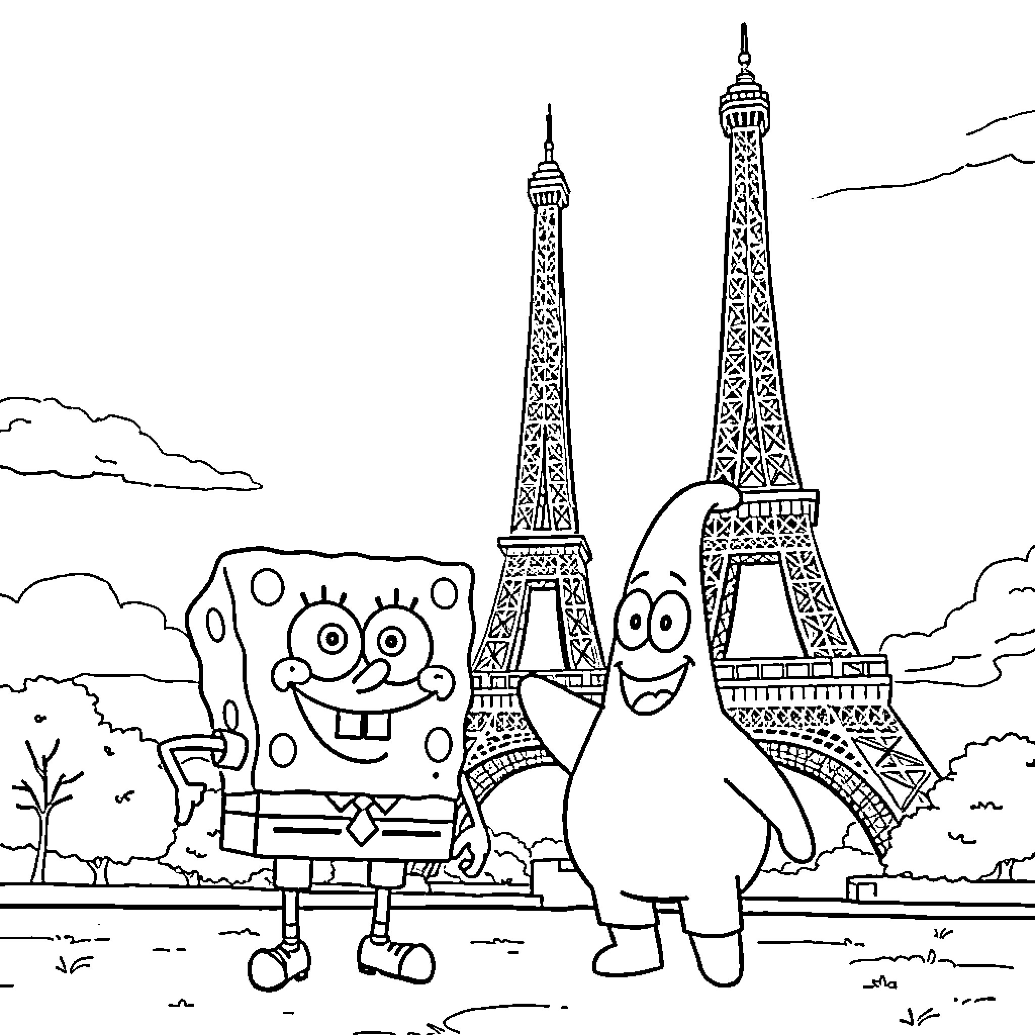 Spongebob and Patrick visit the Eiffel Tower Coloring Page (free black-and-white line drawing printable PDF for all, from beginners to advanced learners, including children, teens, adults, and seniors)