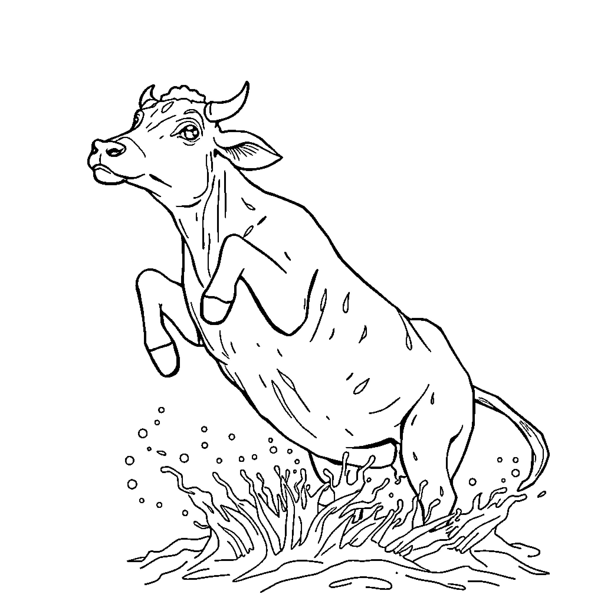 Vaca playing in the mud Coloring Page (free black-and-white line drawing printable PDF for all, from beginners to advanced learners, including children, teens, adults, and seniors)