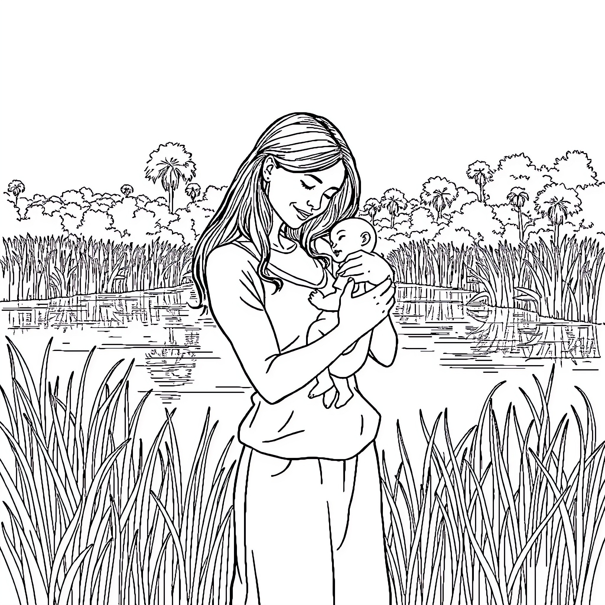 Woman cradling infant in serene nature scene Coloring Page (free black-and-white line drawing printable PDF for all, from beginners to advanced learners, including children, teens, adults, and seniors)