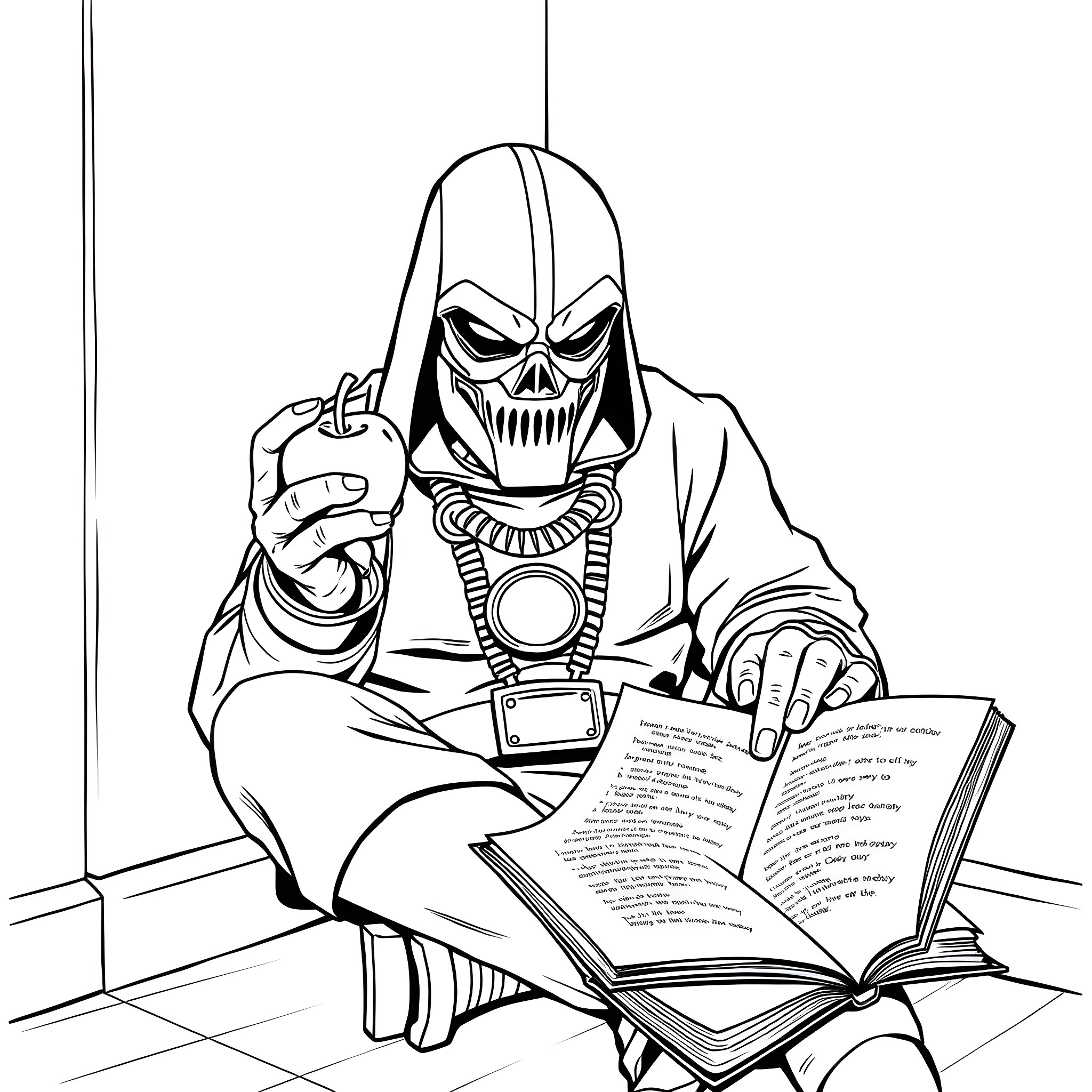 MF DOOM studying books with intense focus Coloring Page (free black-and-white line drawing printable PDF for all, from beginners to advanced learners, including children, teens, adults, and seniors)