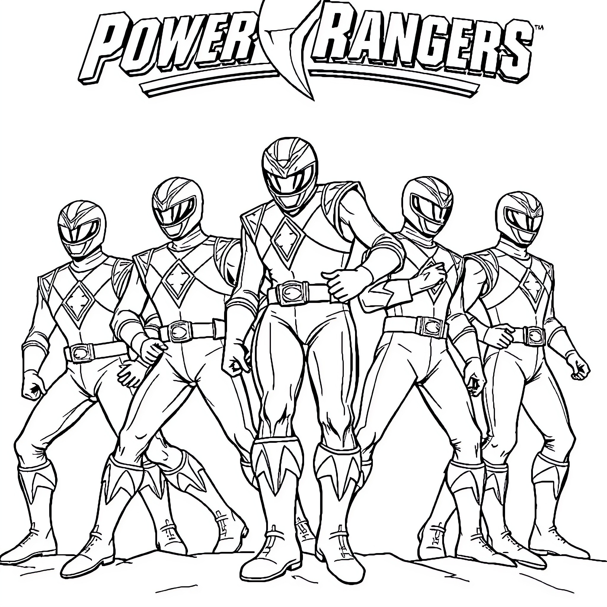 Power Rangers in Heroic Pose Coloring Page (free black-and-white line drawing printable PDF for all, from beginners to advanced learners, including children, teens, adults, and seniors)