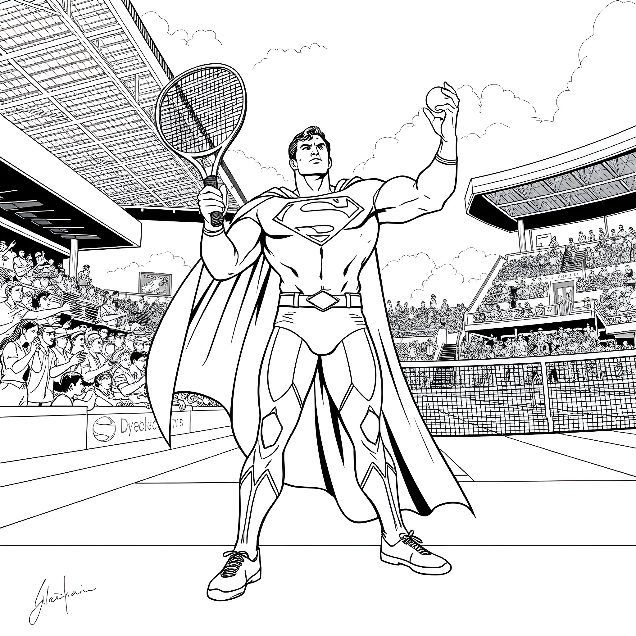 Superman playing tennis victoriously in the stadium Coloring Page (free black-and-white line drawing printable PDF for all, from beginners to advanced learners, including children, teens, adults, and seniors)