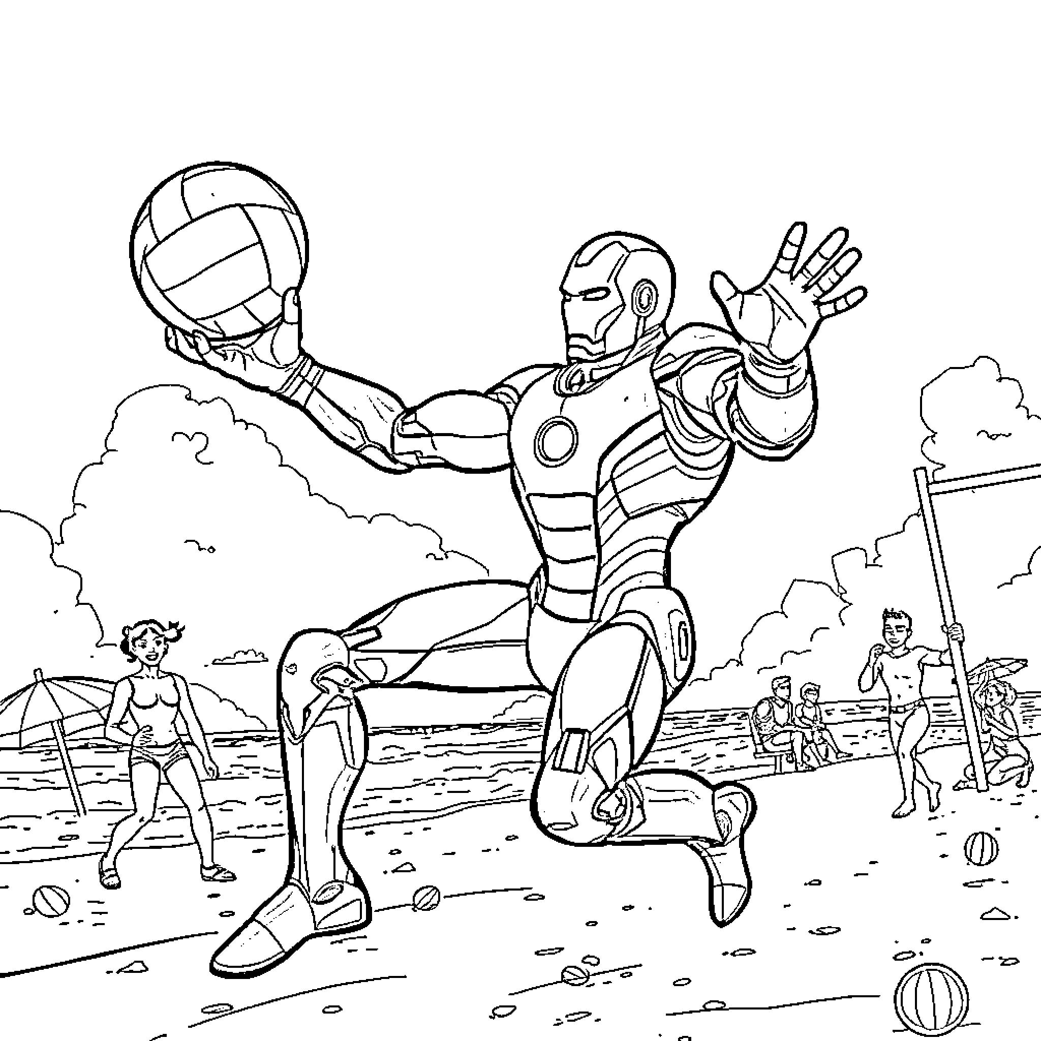 Iron Man Soaring Over Beach Volleyball Game Coloring Page (free black-and-white line drawing printable PDF for all, from beginners to advanced learners, including children, teens, adults, and seniors)