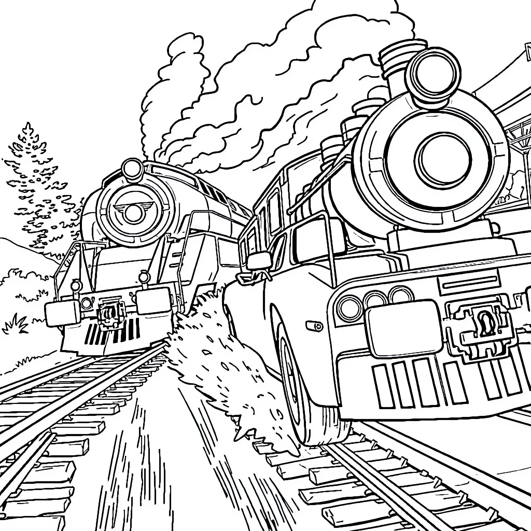 Car steam locomotive speeding down the track Coloring Page (free black-and-white line drawing printable PDF for all, from beginners to advanced learners, including children, teens, adults, and seniors)