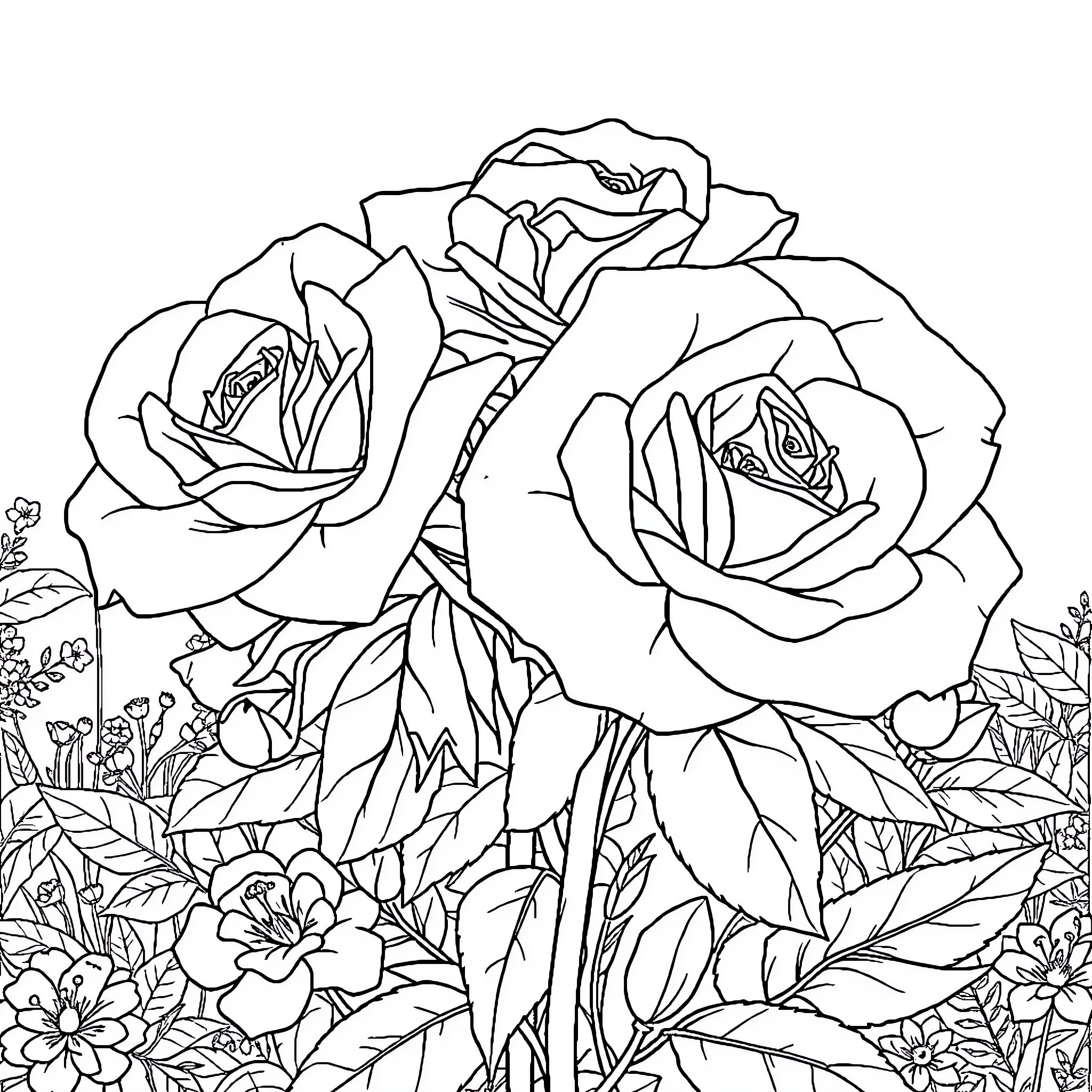 Rose Garden with Blooming Flowers Coloring Page (free black-and-white line drawing printable PDF for all, from beginners to advanced learners, including children, teens, adults, and seniors)