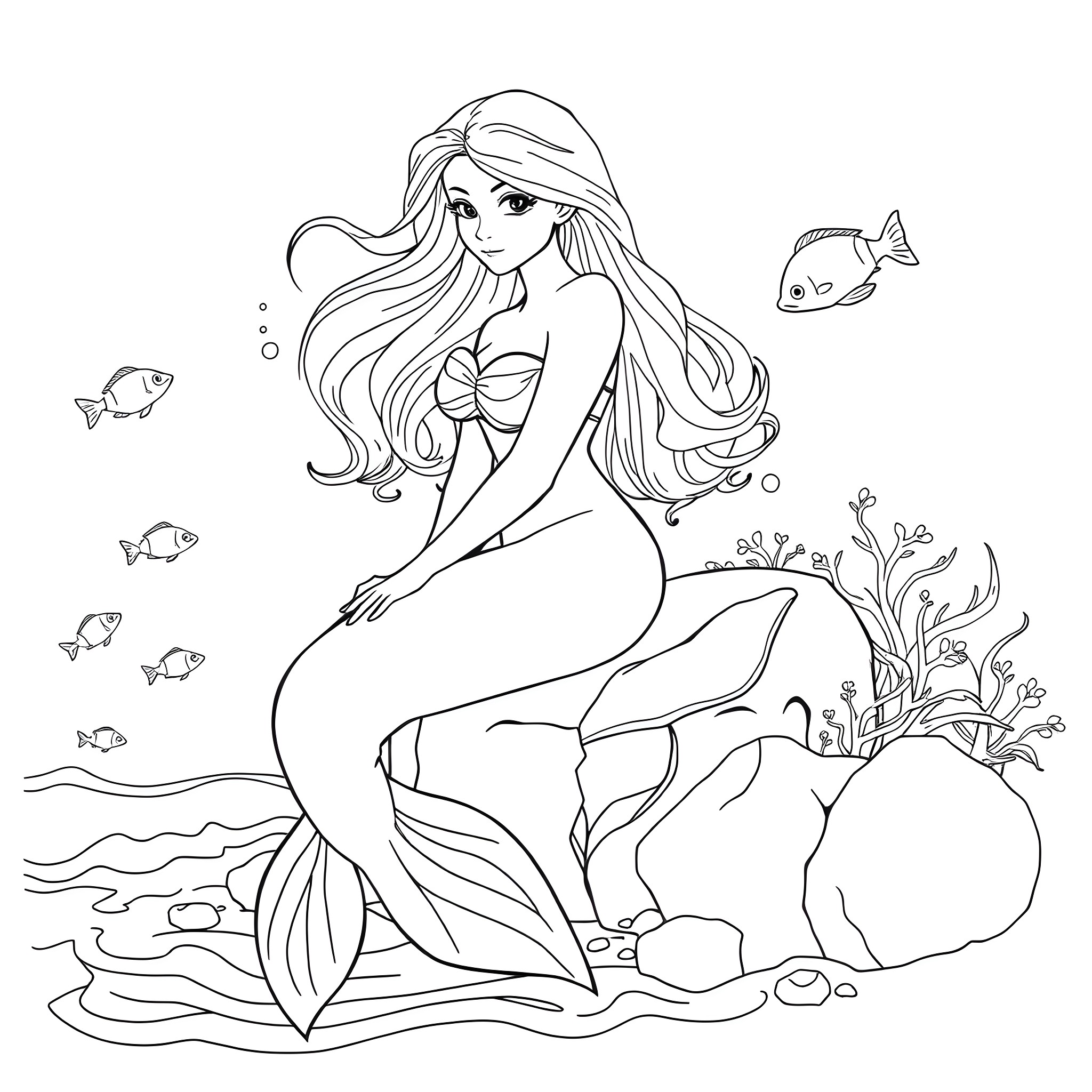 Mermaid gracefully poses among sea creatures Coloring Page (free black-and-white line drawing printable PDF for all, from beginners to advanced learners, including children, teens, adults, and seniors)