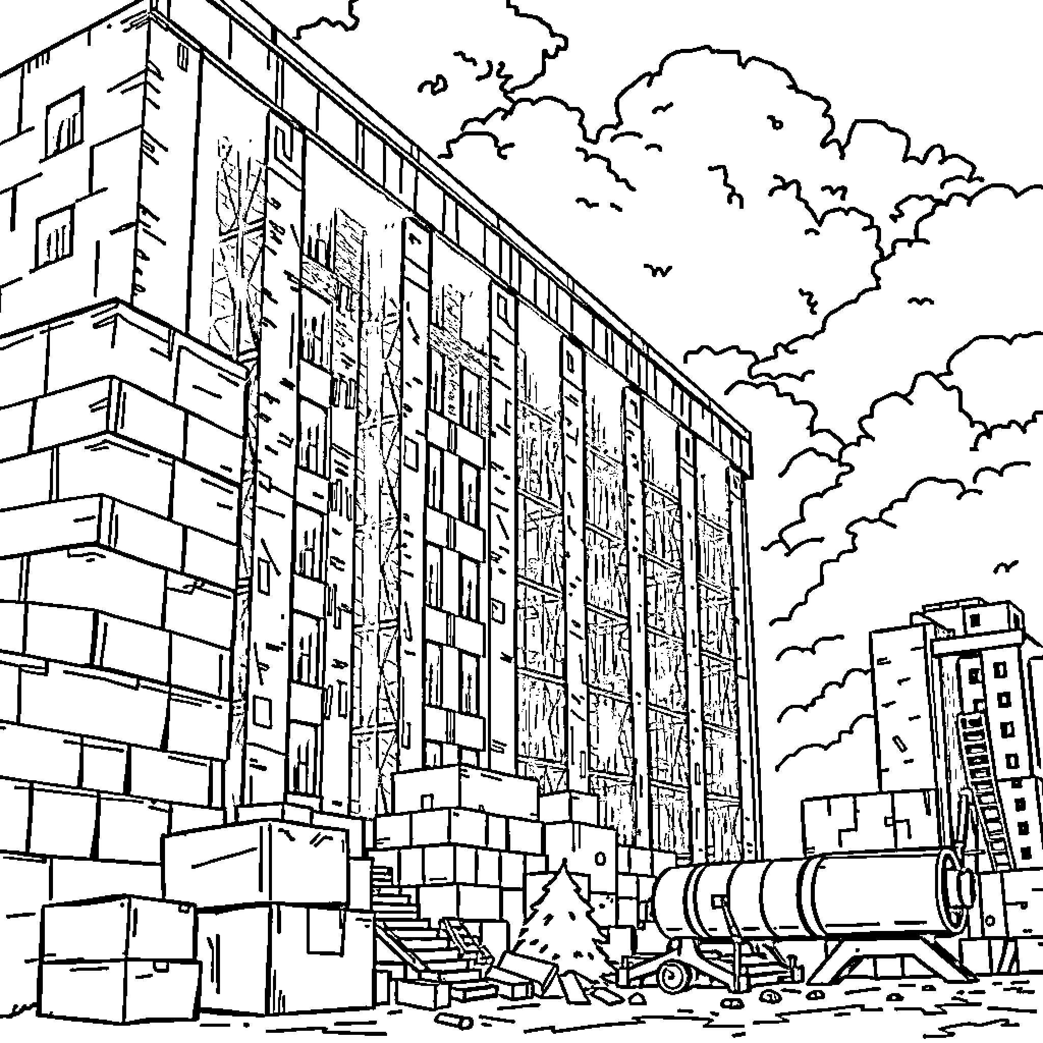 Construction site with scaffolding and construction vehicles Coloring Page (free black-and-white line drawing printable PDF for all, from beginners to advanced learners, including children, teens, adults, and seniors)