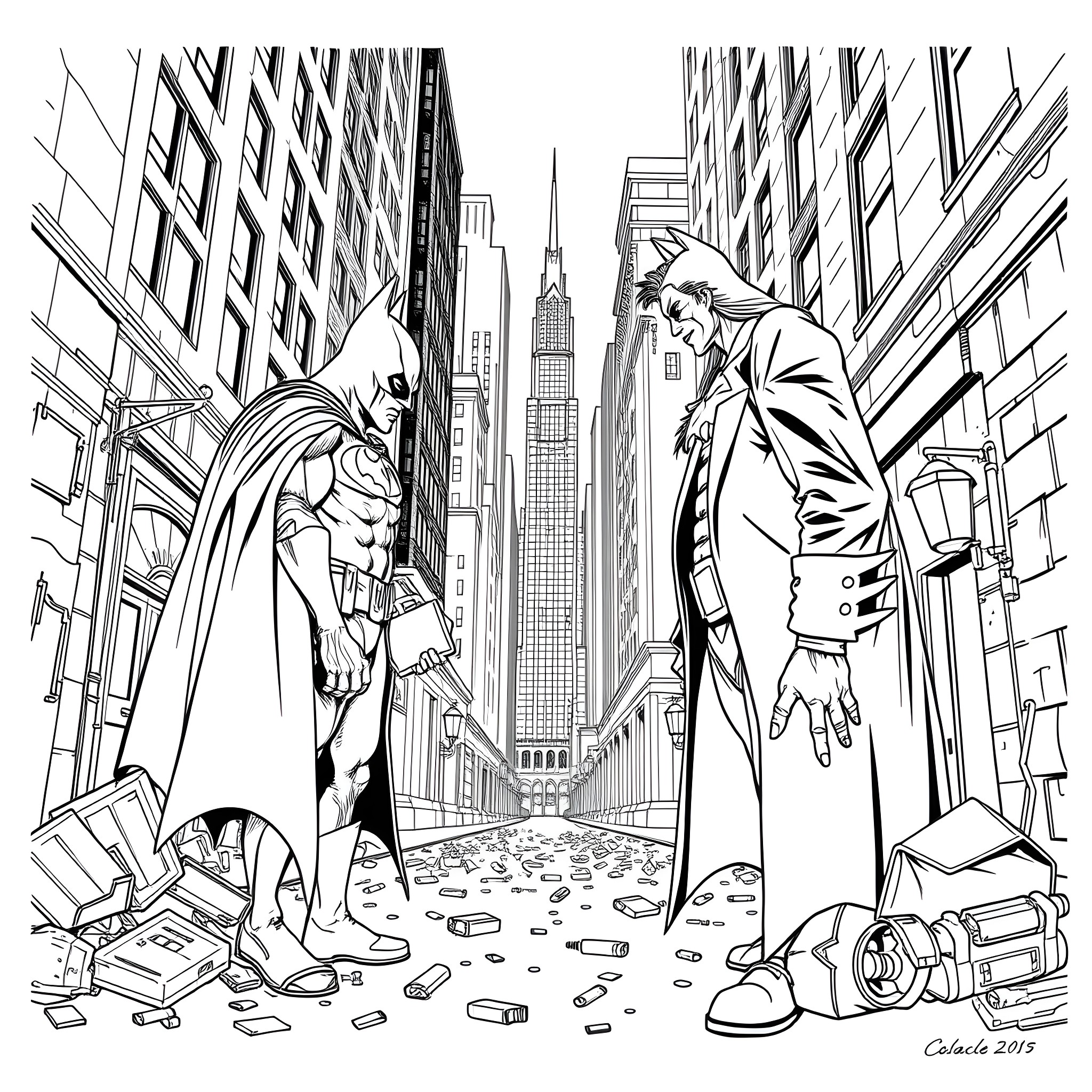Batman confronting a villain in the city streets Coloring Page (free black-and-white line drawing printable PDF for all, from beginners to advanced learners, including children, teens, adults, and seniors)