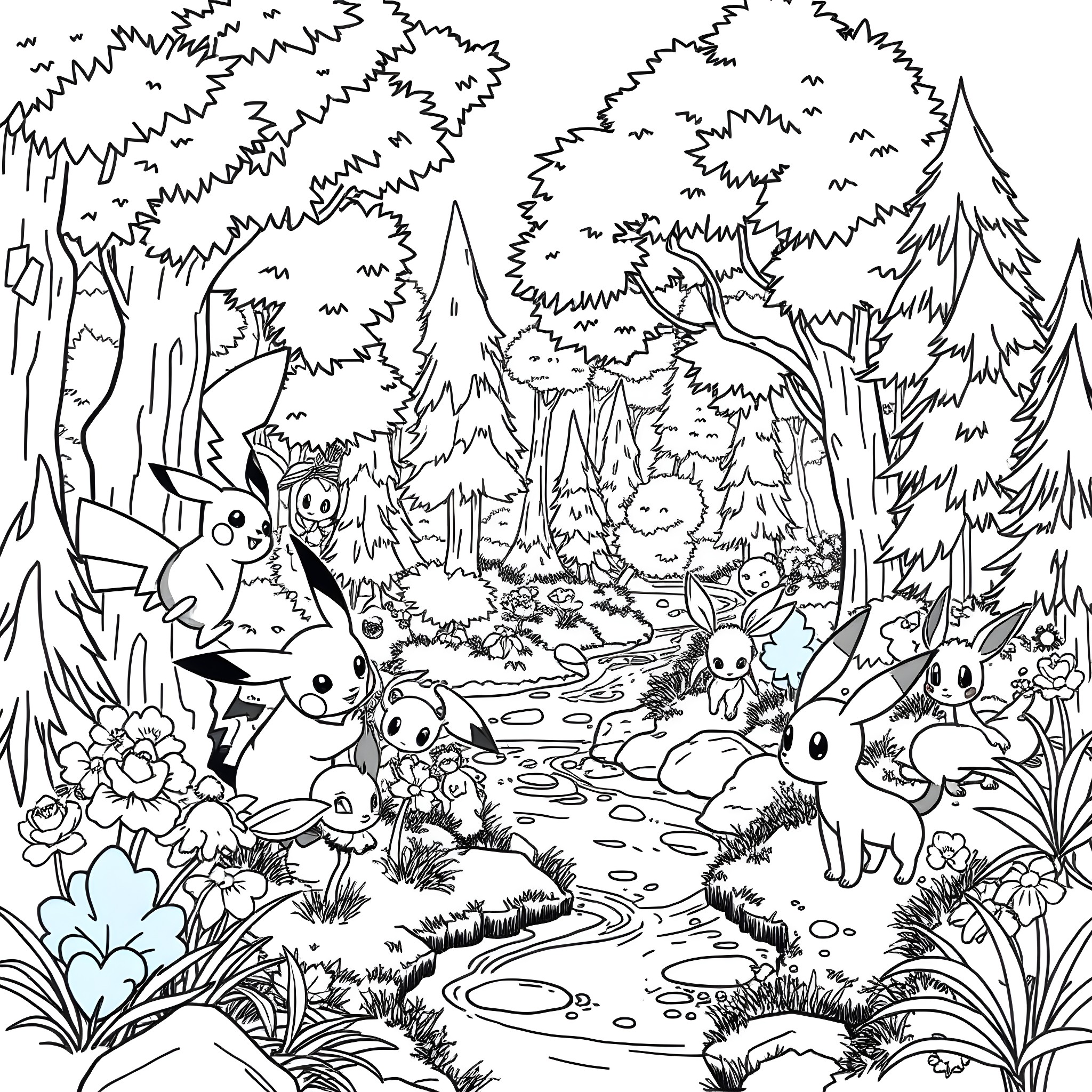 Pokémon Gathering in a Magical Forest Coloring Page (free black-and-white line drawing printable PDF for all, from beginners to advanced learners, including children, teens, adults, and seniors)