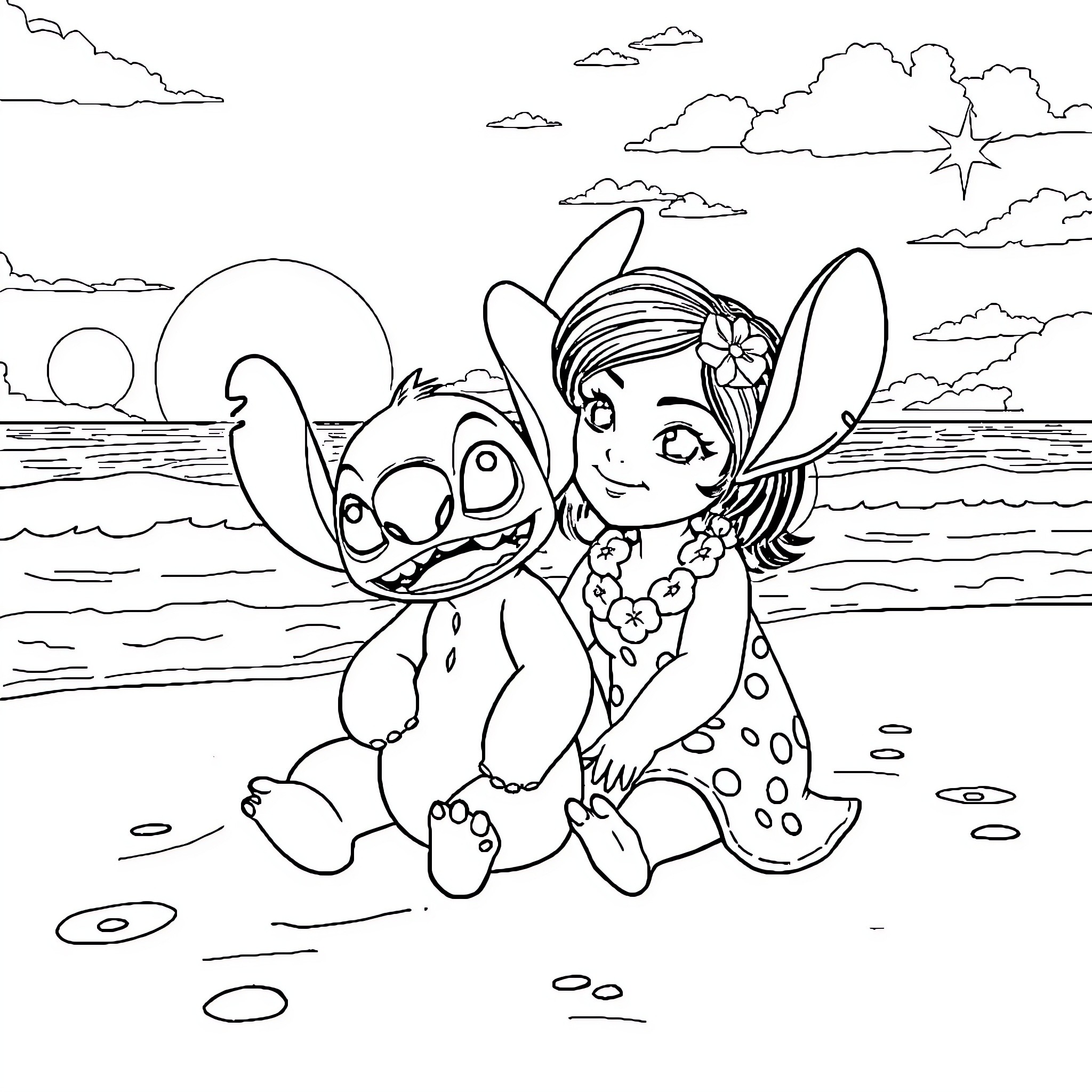Lilo And Stitch playing on the beach Coloring Page (free black-and-white line drawing printable PDF for all, from beginners to advanced learners, including children, teens, adults, and seniors)