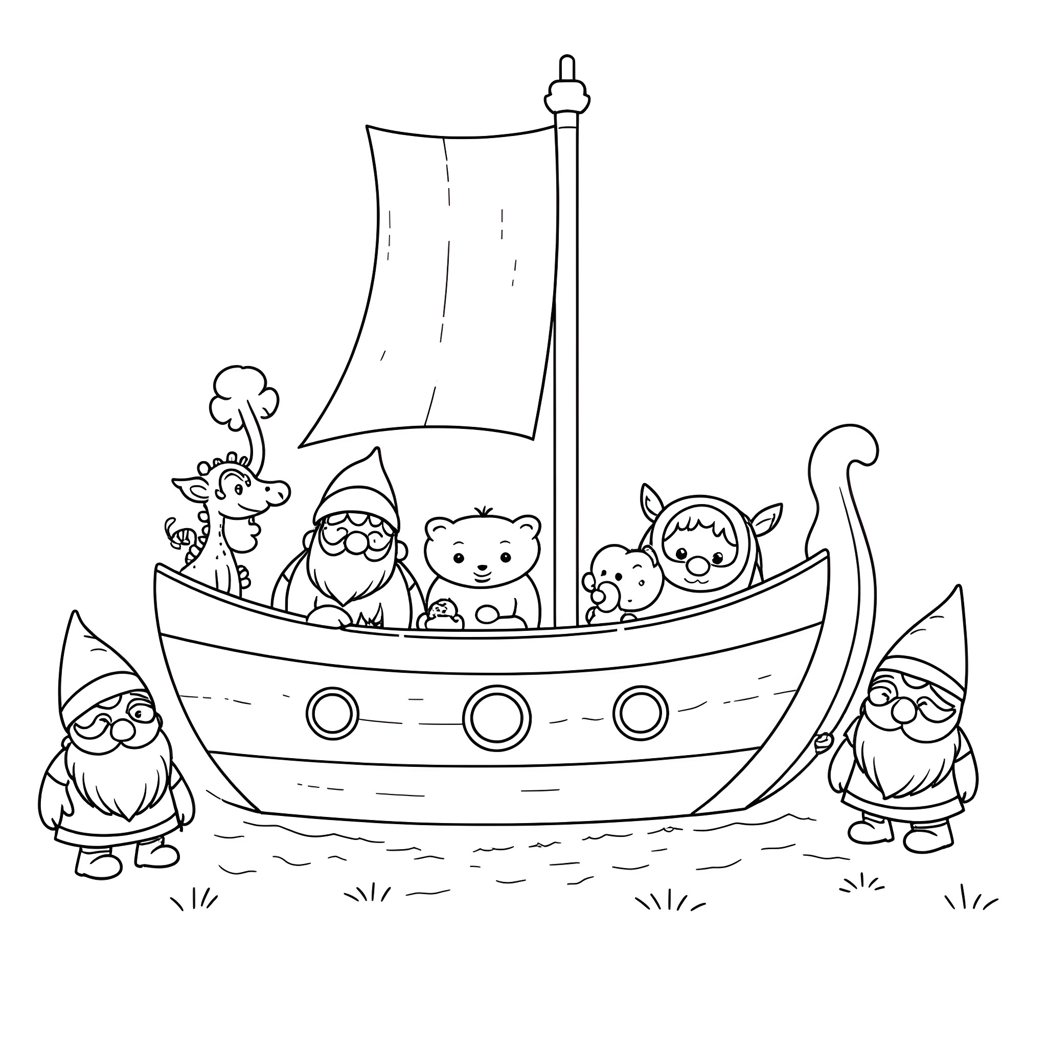 Noah's Ark with Cute Animals Sailing Coloring Page (free black-and-white line drawing printable PDF for all, from beginners to advanced learners, including children, teens, adults, and seniors)