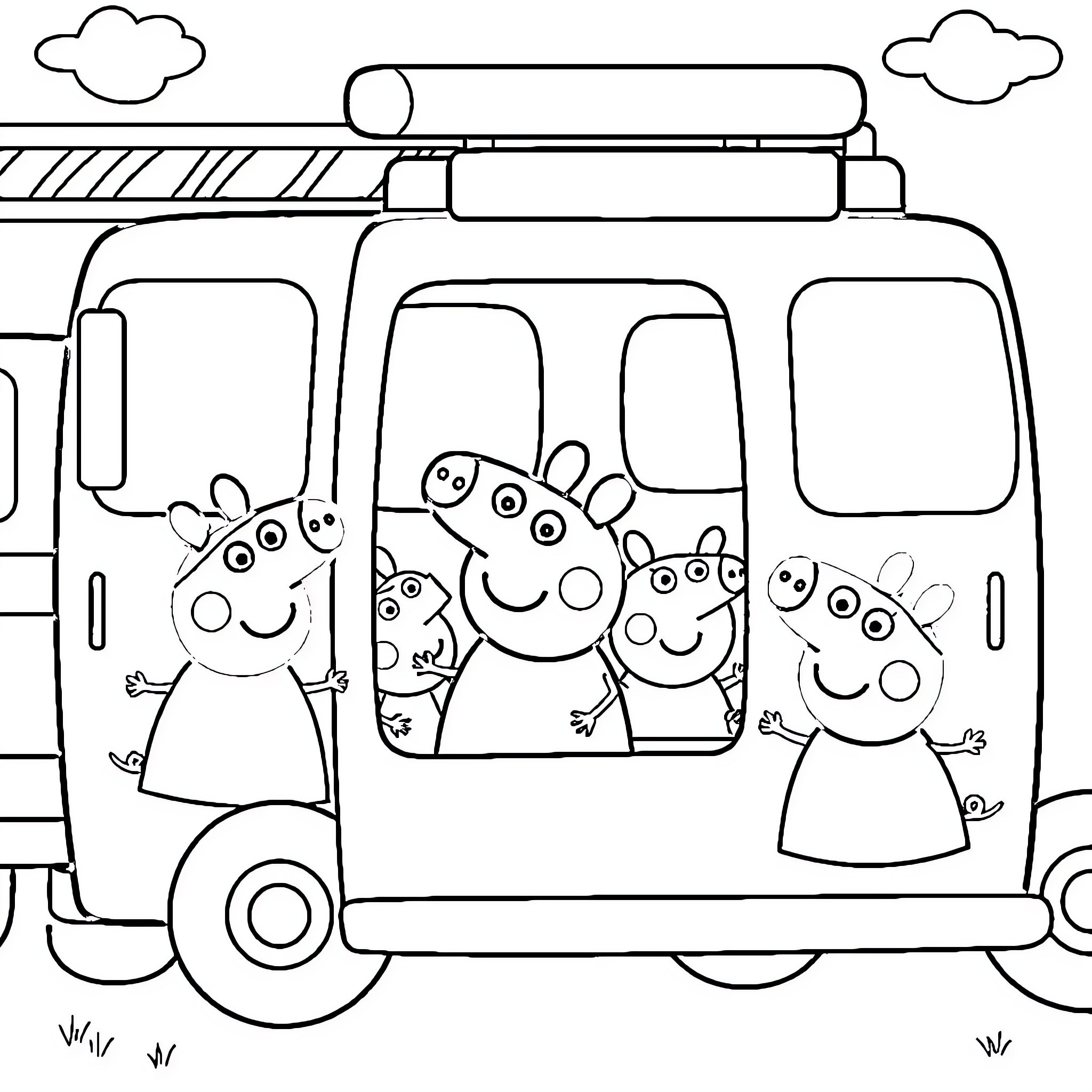 Peppa Pig and family on a road trip adventure Coloring Page (free black-and-white line drawing printable PDF for all, from beginners to advanced learners, including children, teens, adults, and seniors)