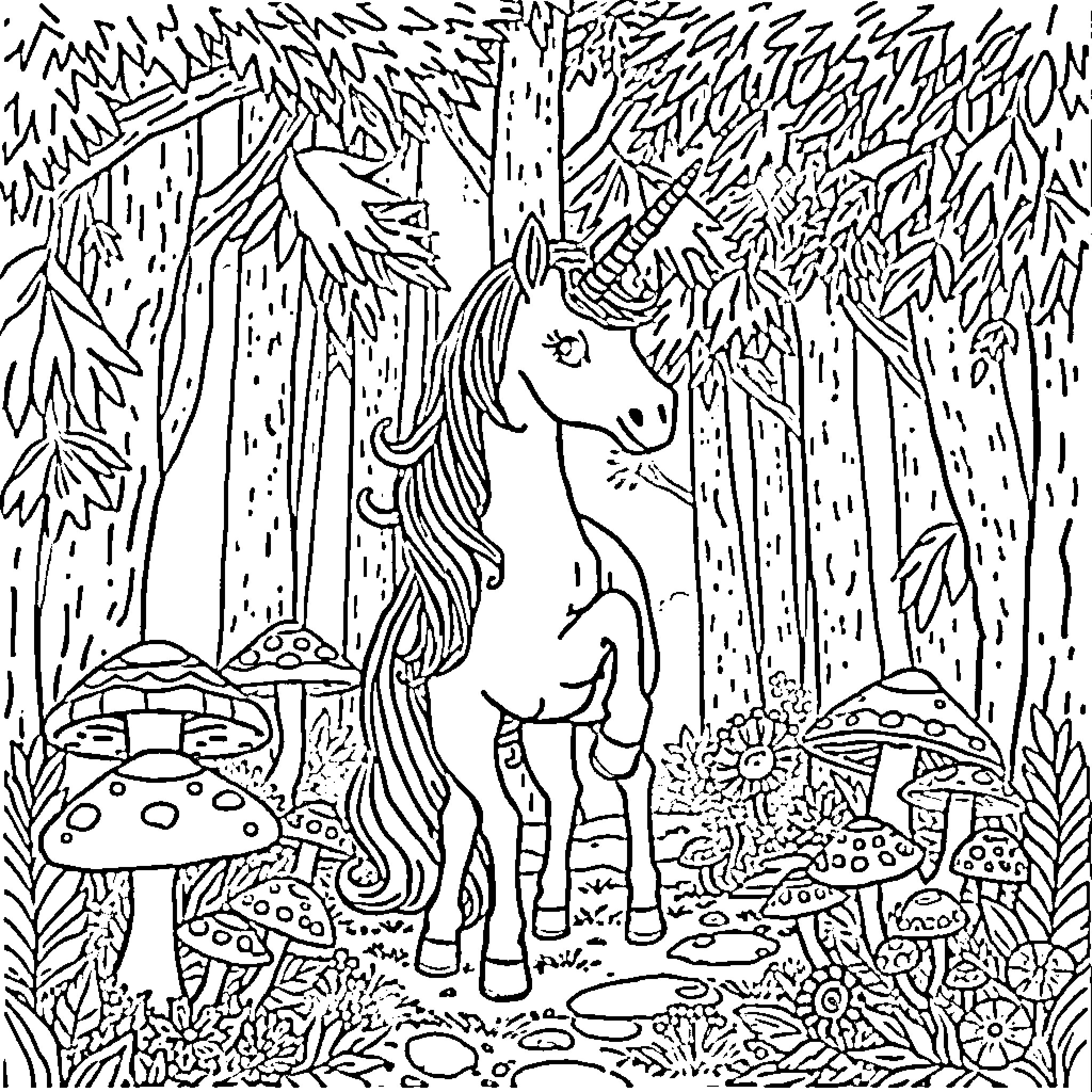 Unicorn exploring enchanted forest with mushrooms Coloring Page (free black-and-white line drawing printable PDF for all, from beginners to advanced learners, including children, teens, adults, and seniors)