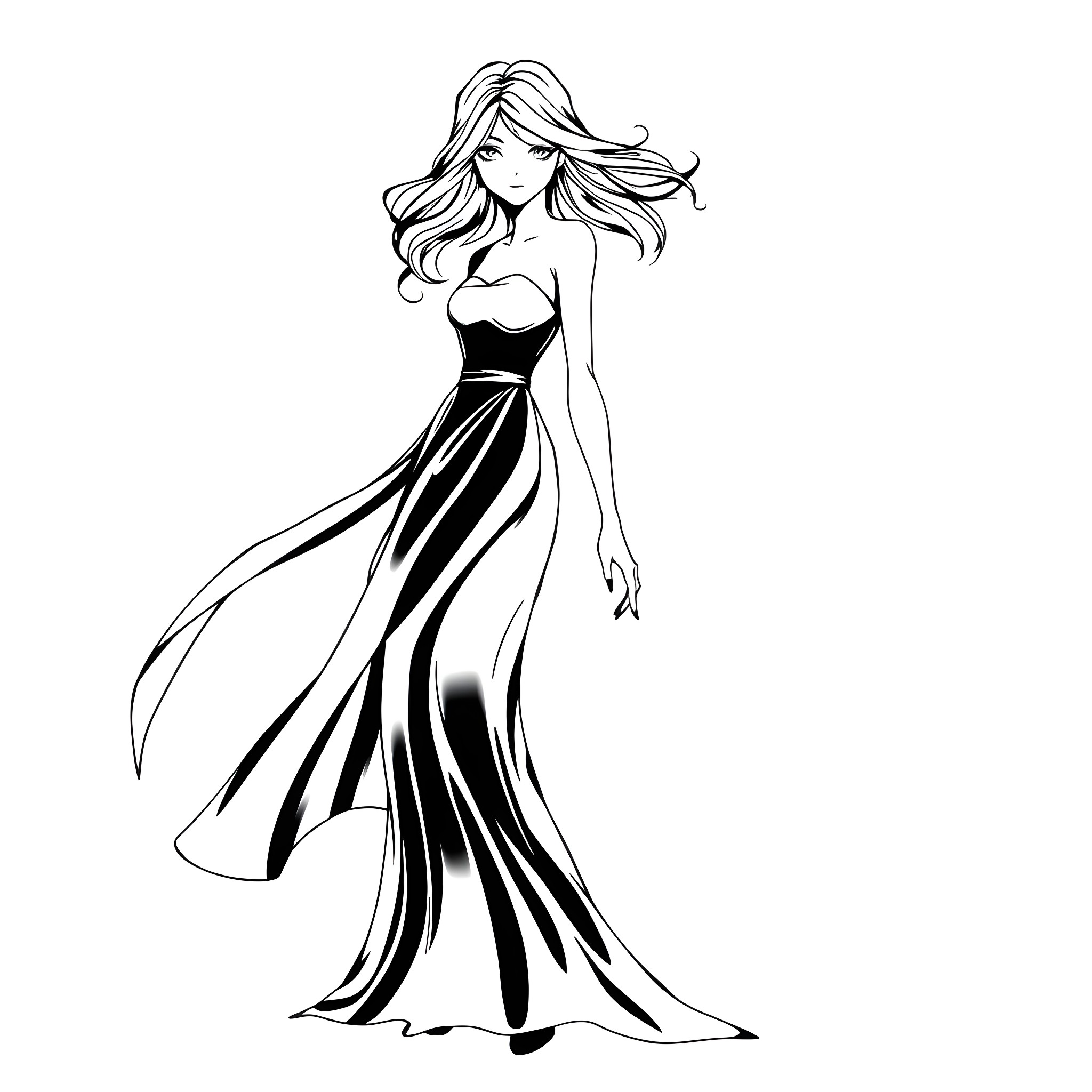Girl in Flowing Dress with Elegant Style Coloring Page (free black-and-white line drawing printable PDF for all, from beginners to advanced learners, including children, teens, adults, and seniors)