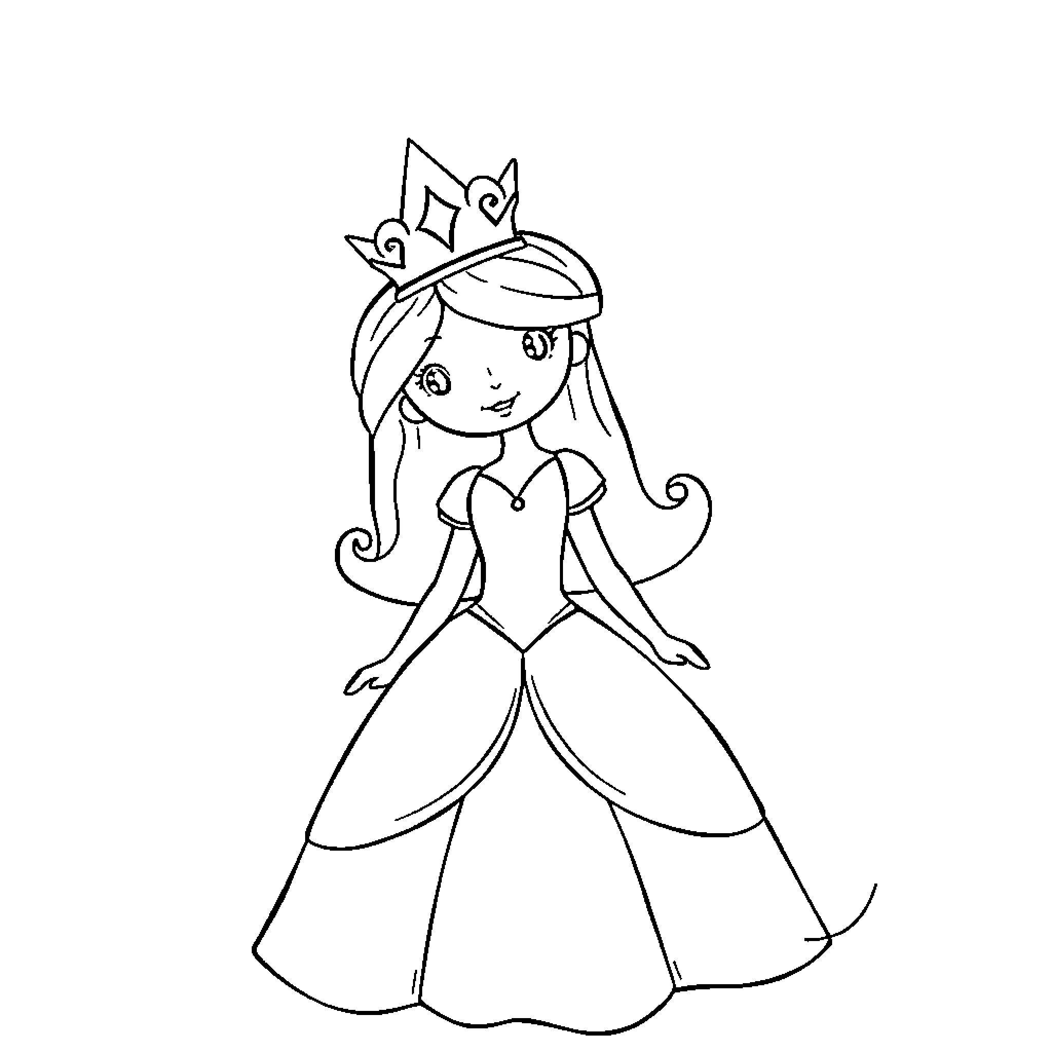 Princess in a Regal Dress Coloring Page (free black-and-white line drawing printable PDF for all, from beginners to advanced learners, including children, teens, adults, and seniors)