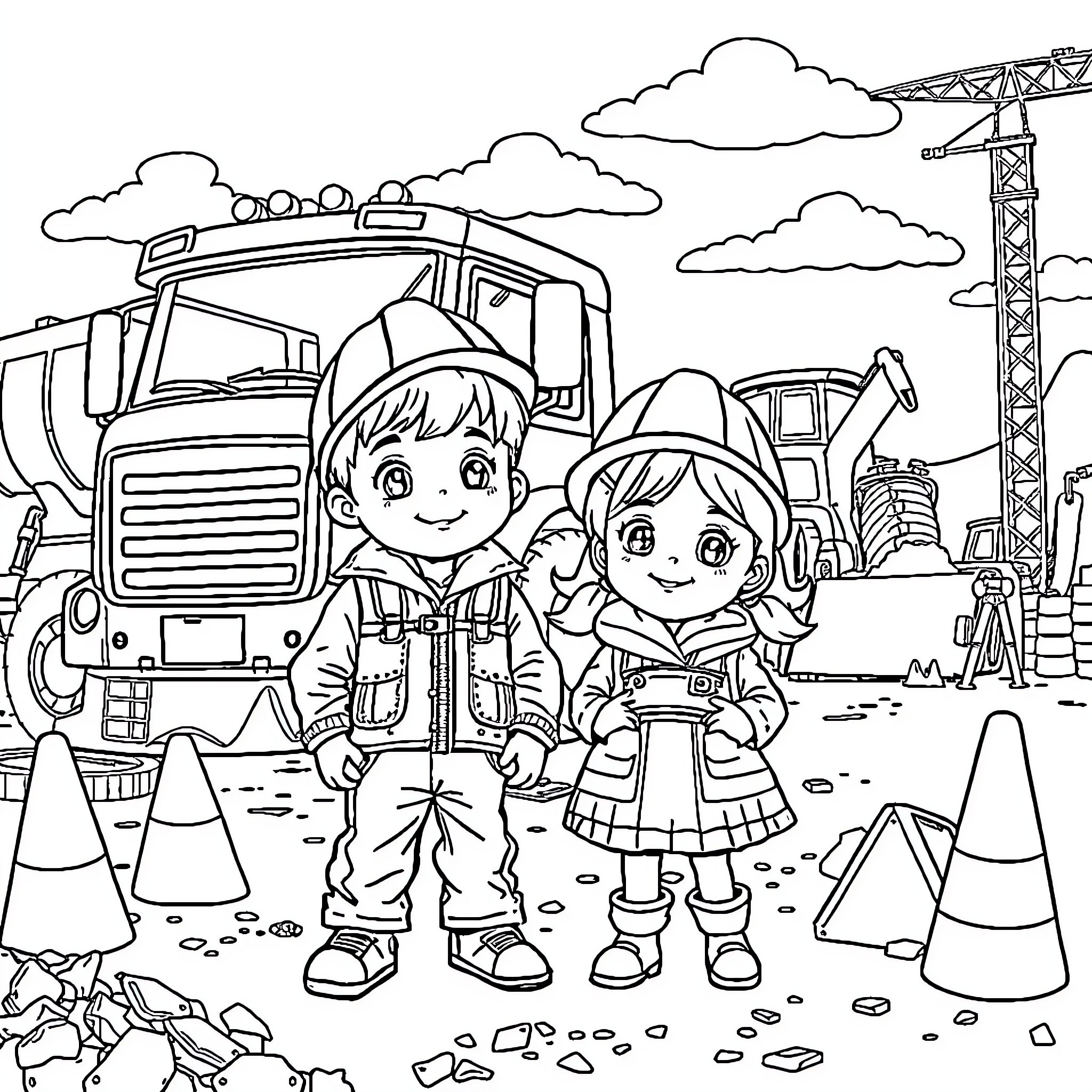 Child Construction Workers at the Building Site Coloring Page (free black-and-white line drawing printable PDF for all, from beginners to advanced learners, including children, teens, adults, and seniors)