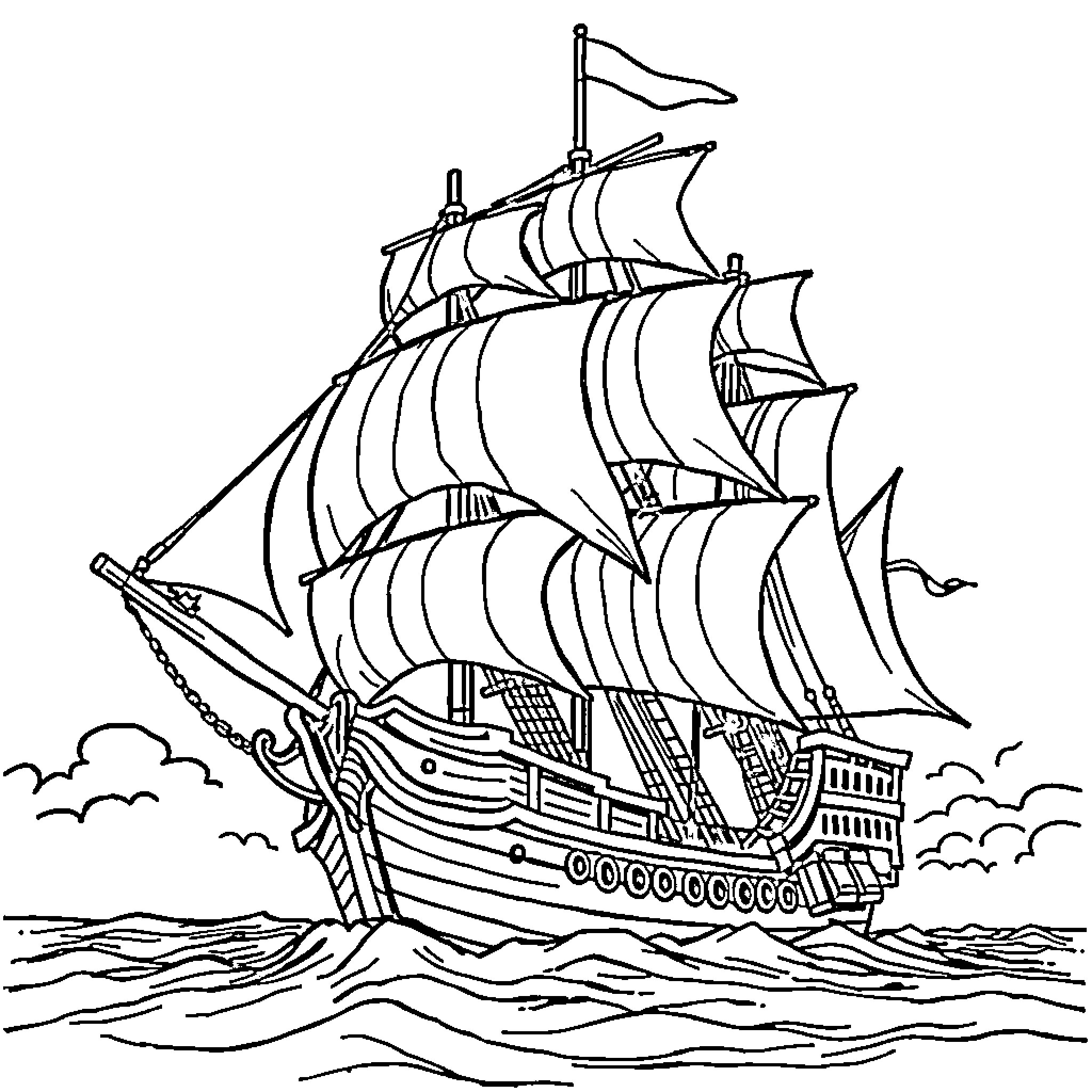 Pirate Ship Sailing on the High Seas Coloring Page (free black-and-white line drawing printable PDF for all, from beginners to advanced learners, including children, teens, adults, and seniors)