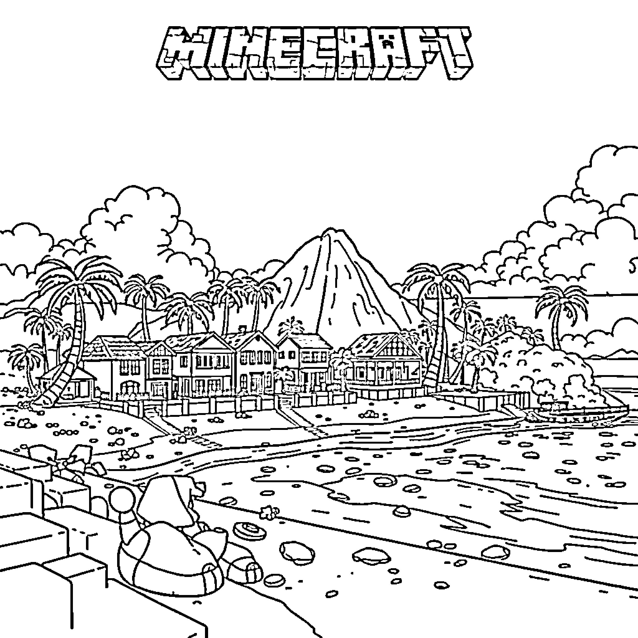 Minecraft Tropical Landscape with Village and Mountain Coloring Page (free black-and-white line drawing printable PDF for all, from beginners to advanced learners, including children, teens, adults, and seniors)