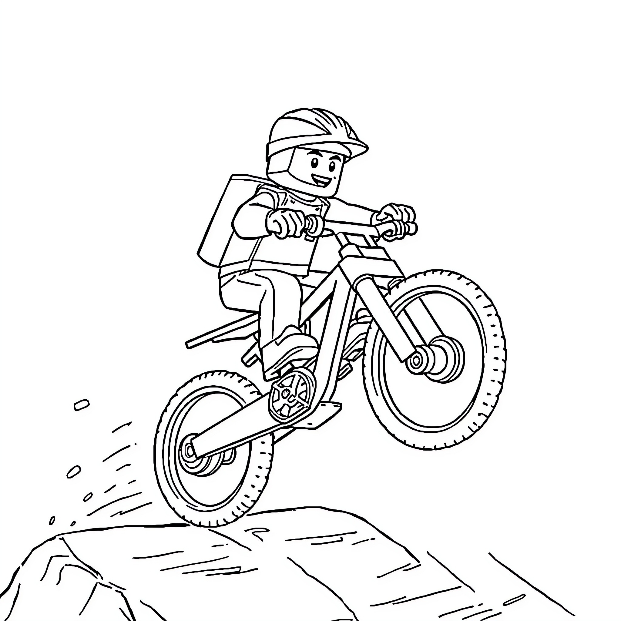 Lego Man riding dirt bike on rugged terrain Coloring Page (free black-and-white line drawing printable PDF for all, from beginners to advanced learners, including children, teens, adults, and seniors)