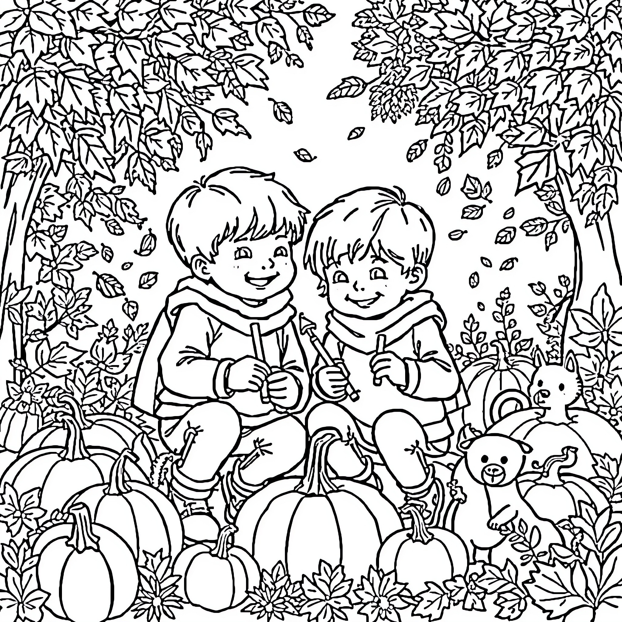Child Enjoying Fall Foliage with Playful Toys Coloring Page (free black-and-white line drawing printable PDF for all, from beginners to advanced learners, including children, teens, adults, and seniors)
