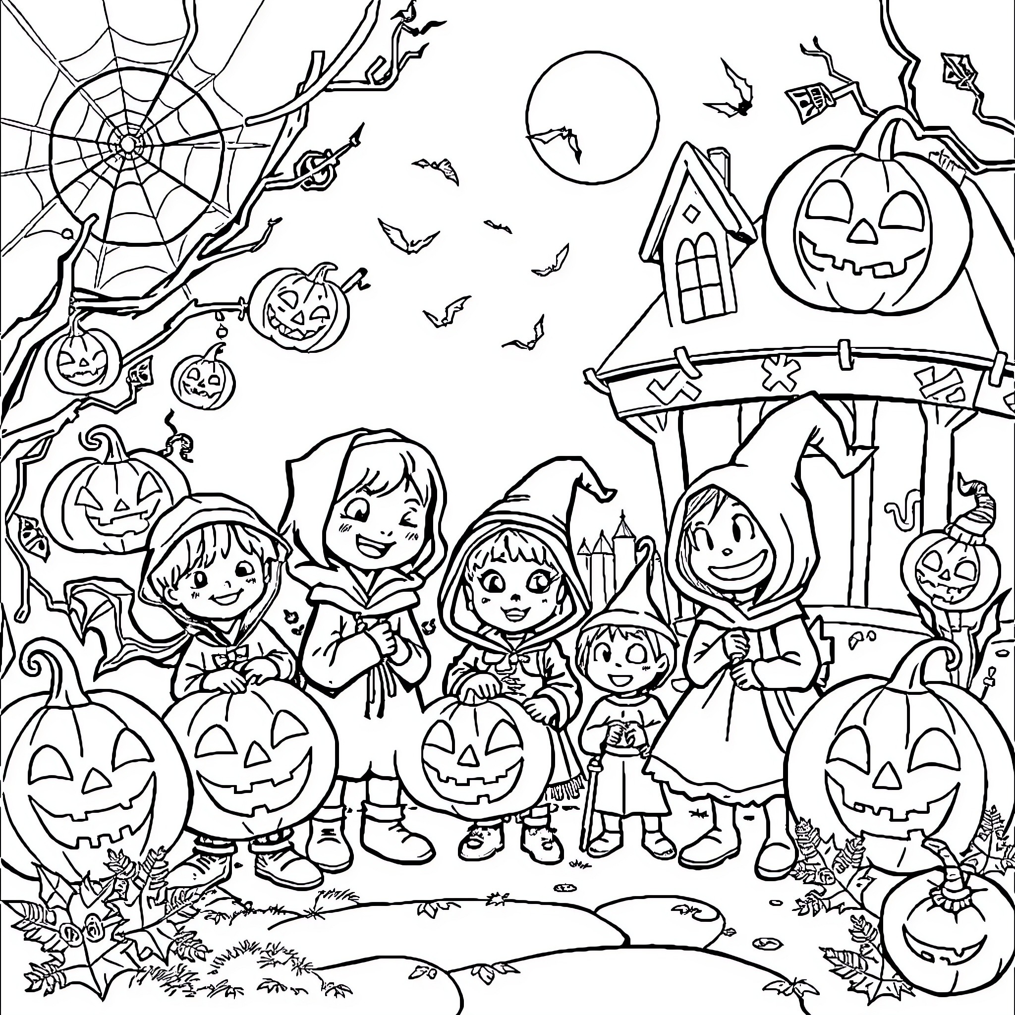 Halloween fun with costumed children and pumpkins Coloring Page (free black-and-white line drawing printable PDF for all, from beginners to advanced learners, including children, teens, adults, and seniors)