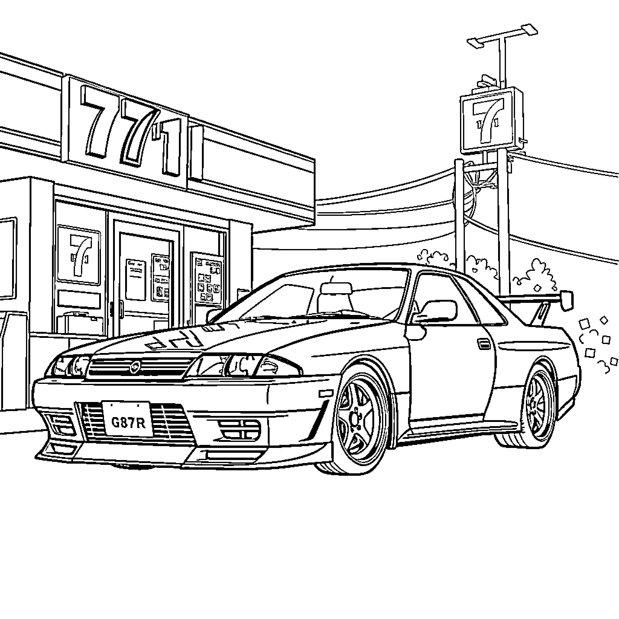 Nissan sports car at convenience store Coloring Page (free black-and-white line drawing printable PDF for all, from beginners to advanced learners, including children, teens, adults, and seniors)