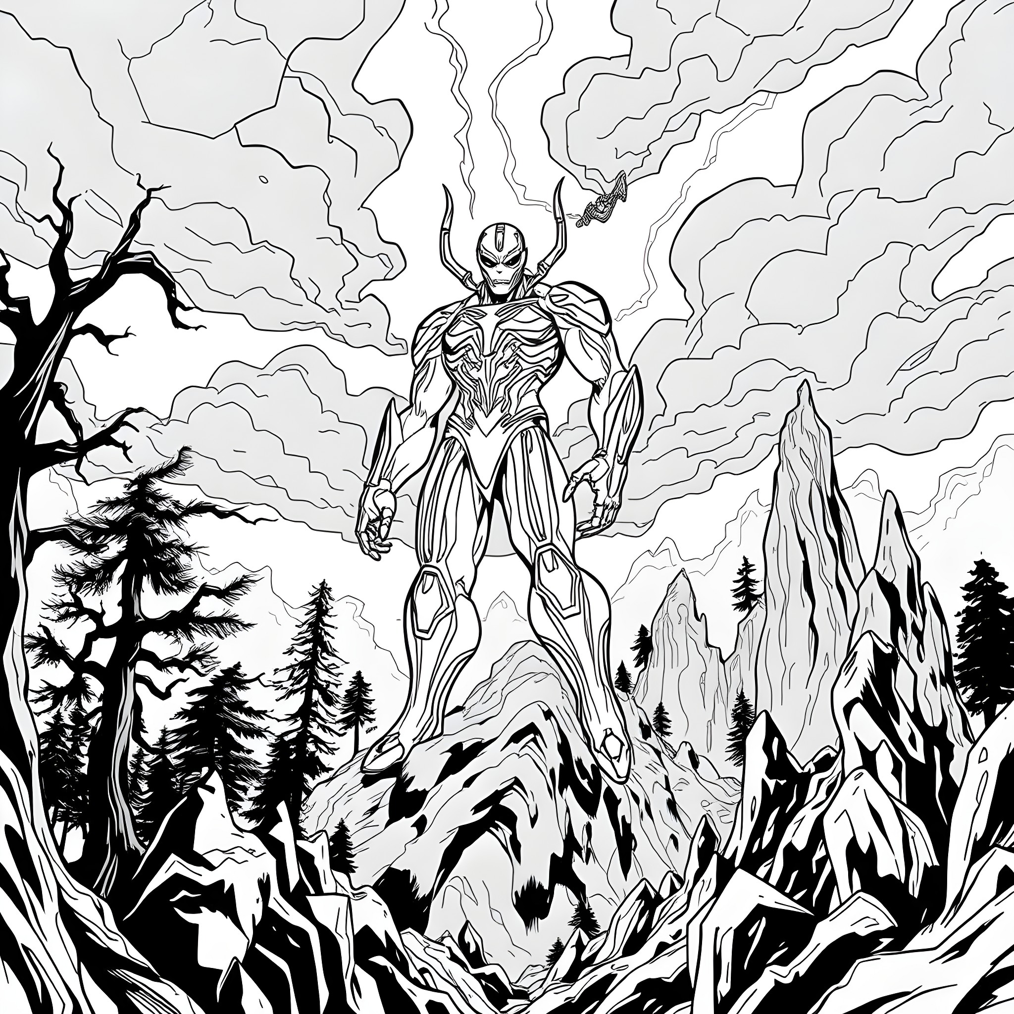 Iron Venom: Heroic Warrior Rises Above the Rugged Landscape Coloring Page (free black-and-white line drawing printable PDF for all, from beginners to advanced learners, including children, teens, adults, and seniors)