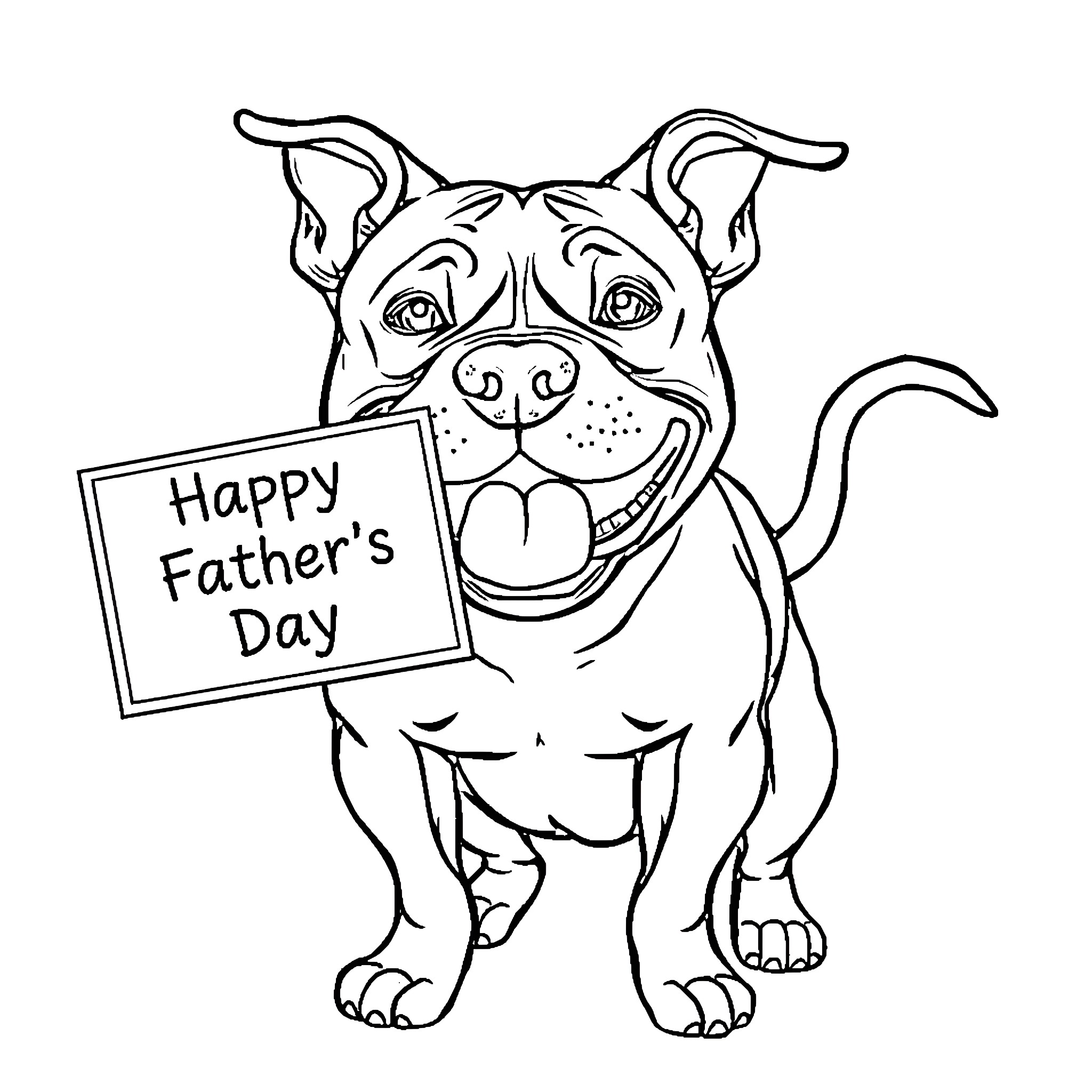Pit Bull Celebrating Father's Day with a Smile Coloring Page (free black-and-white line drawing printable PDF for all, from beginners to advanced learners, including children, teens, adults, and seniors)