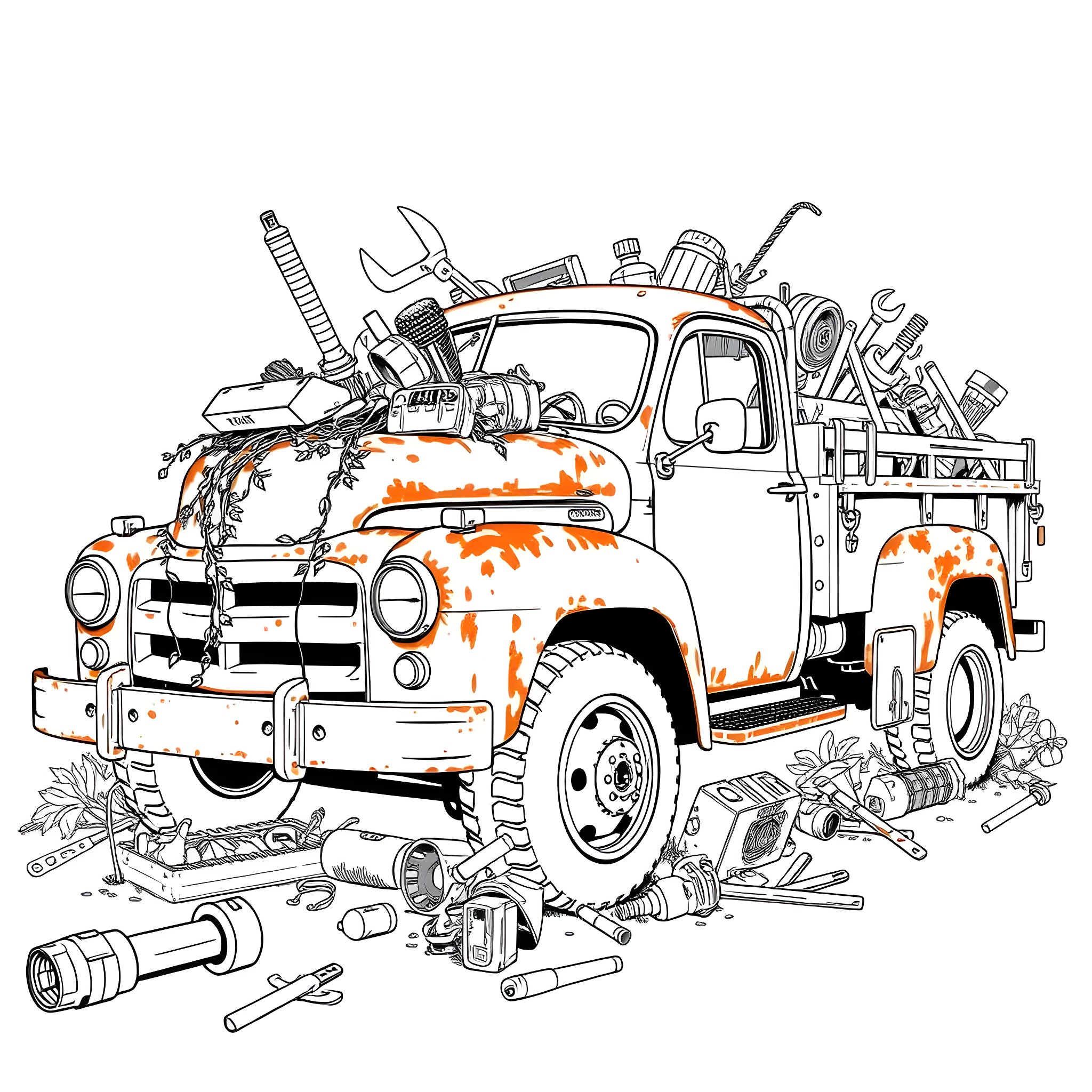 Truck filled with tools and equipment Coloring Page (free black-and-white line drawing printable PDF for all, from beginners to advanced learners, including children, teens, adults, and seniors)