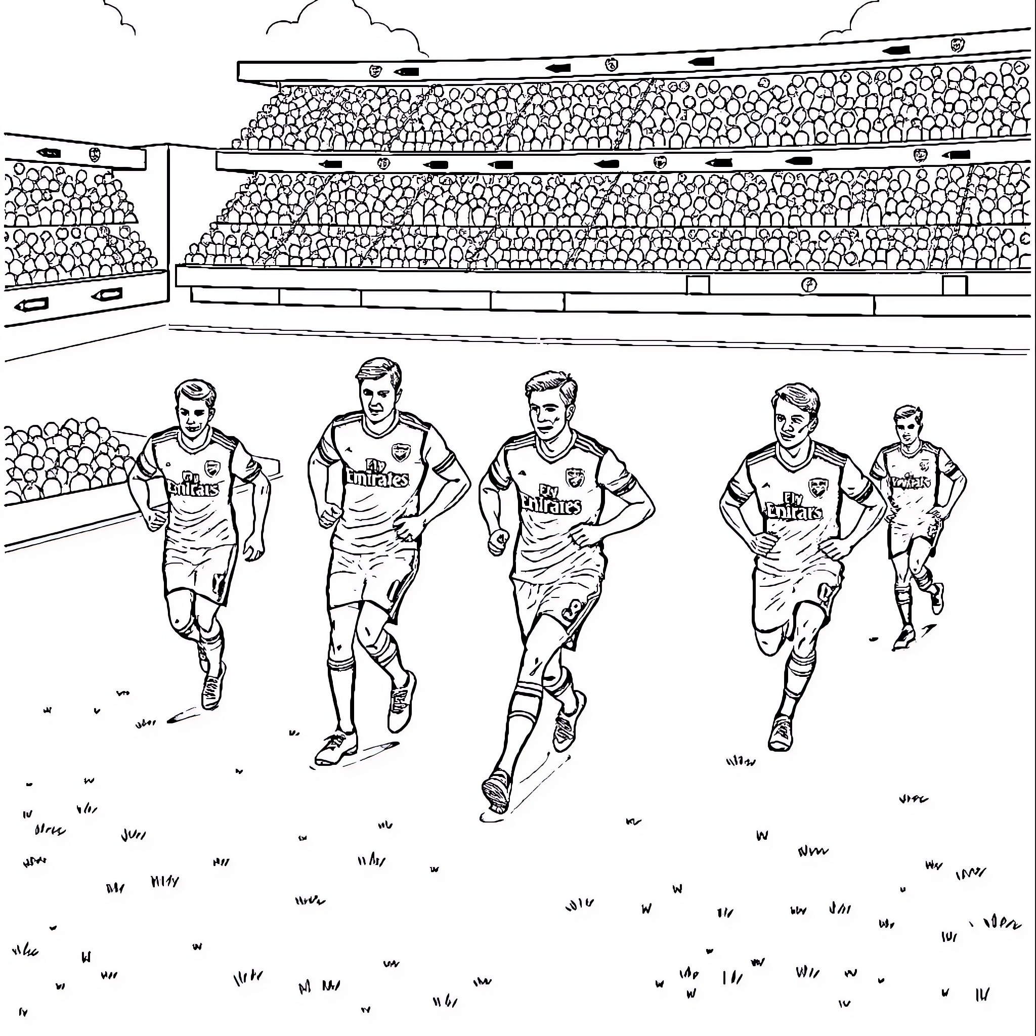 Arsenal players in action on the pitch Coloring Page (free black-and-white line drawing printable PDF for all, from beginners to advanced learners, including children, teens, adults, and seniors)