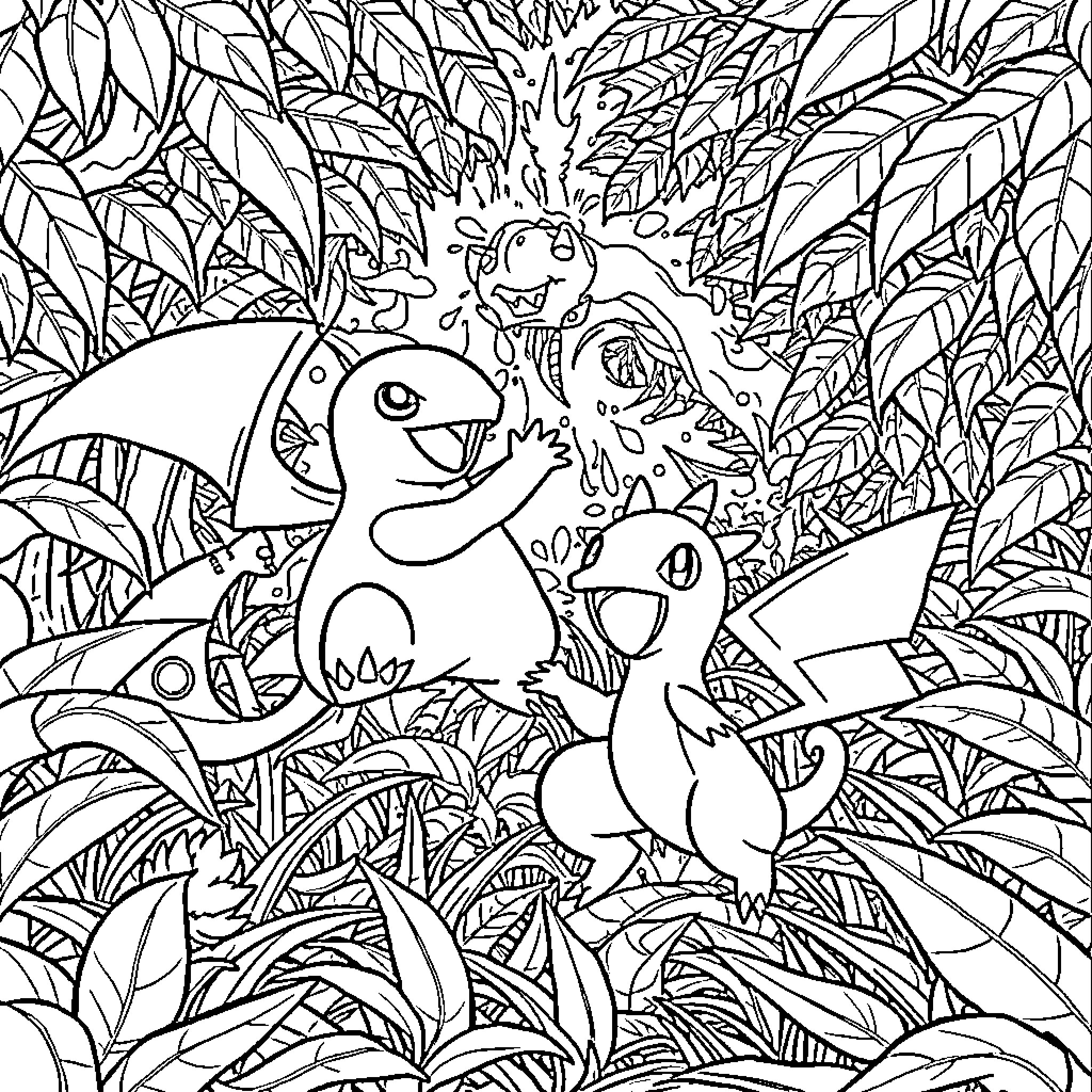 Pokémon playing in the lush forest Coloring Page (free black-and-white line drawing printable PDF for all, from beginners to advanced learners, including children, teens, adults, and seniors)
