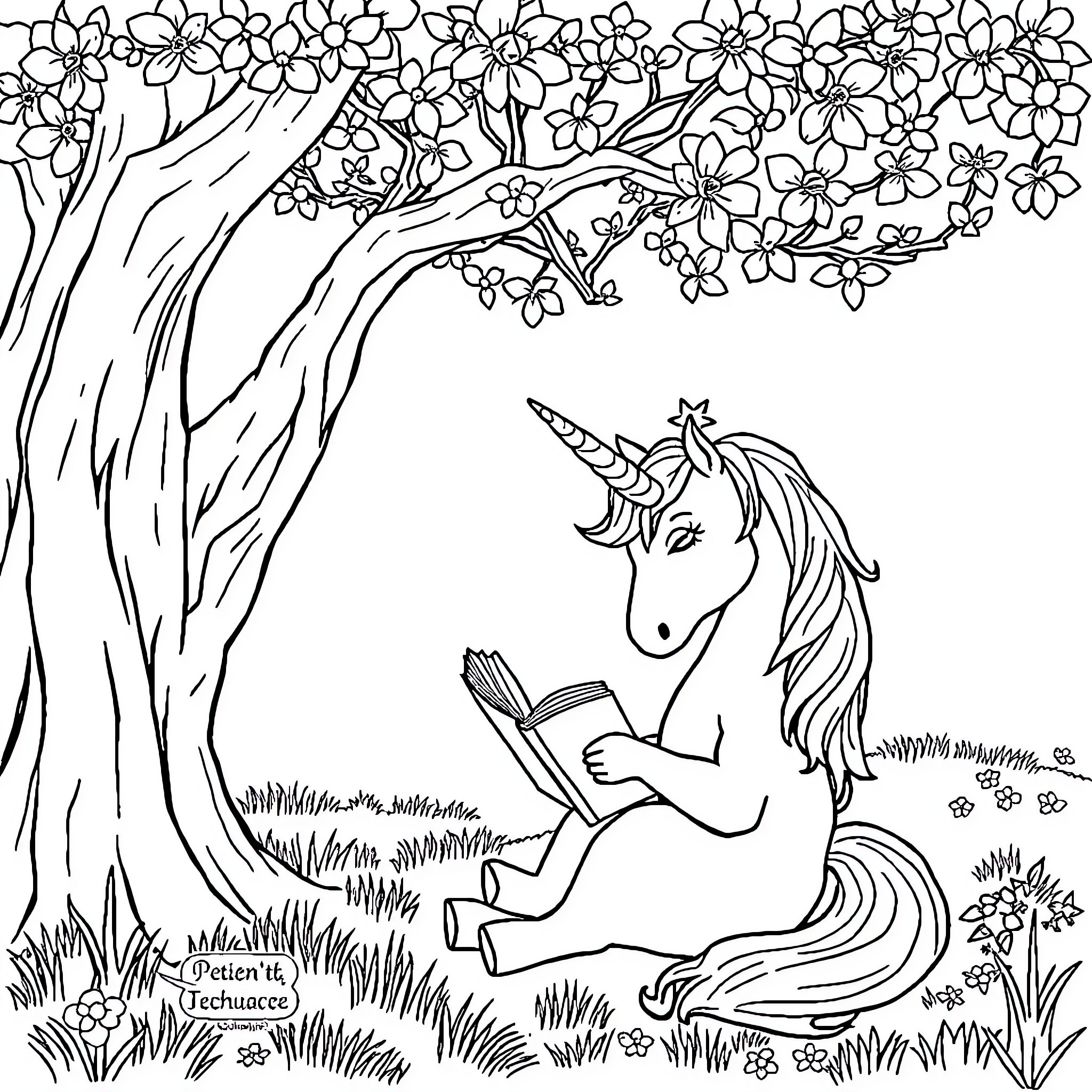 Unicorn reading a book under blooming trees Coloring Page (free black-and-white line drawing printable PDF for all, from beginners to advanced learners, including children, teens, adults, and seniors)