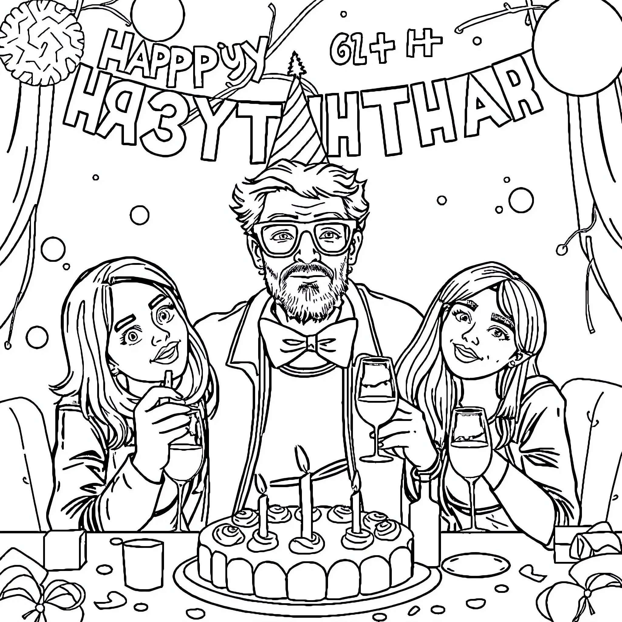 Geek Friends Celebrate Happy Birthday Party Coloring Page (free black-and-white line drawing printable PDF for all, from beginners to advanced learners, including children, teens, adults, and seniors)
