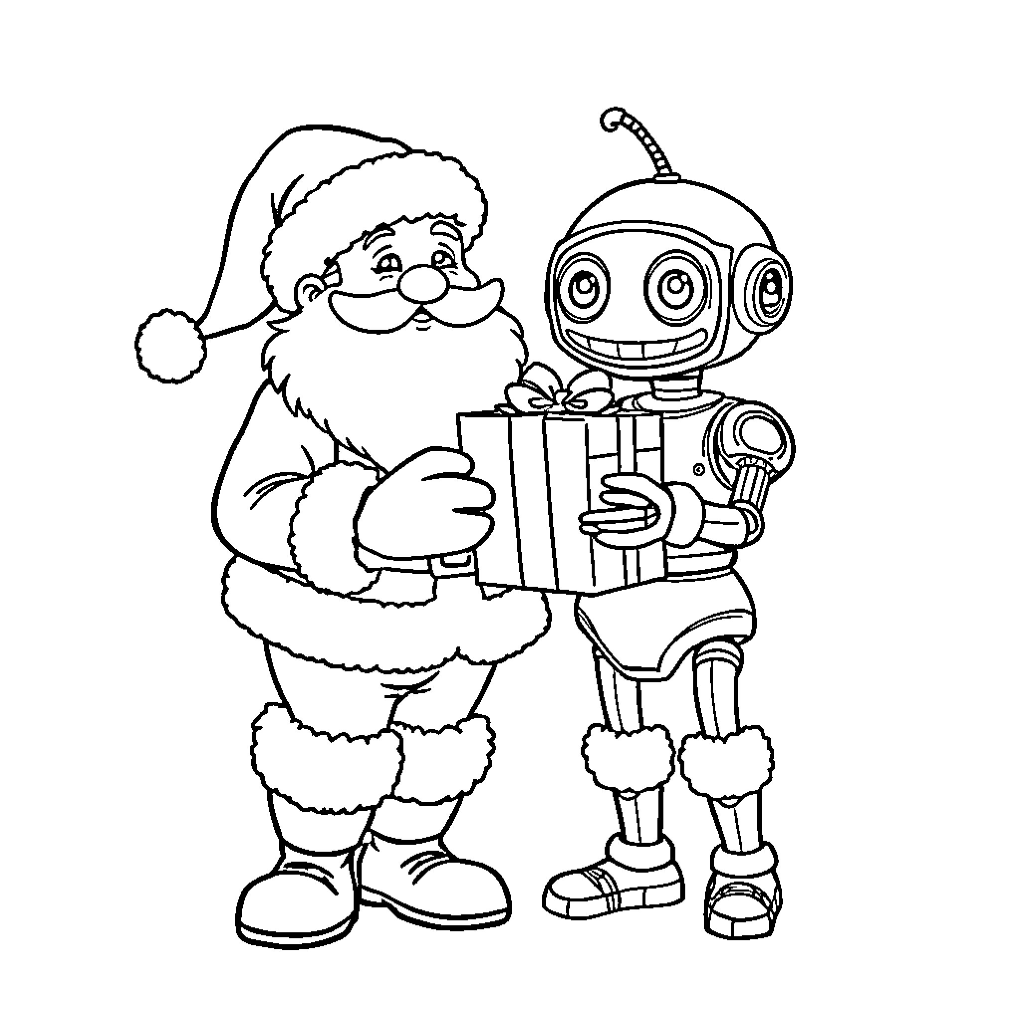 Father Christmas and Robot Exchanging Gifts Coloring Page (free black-and-white line drawing printable PDF for all, from beginners to advanced learners, including children, teens, adults, and seniors)