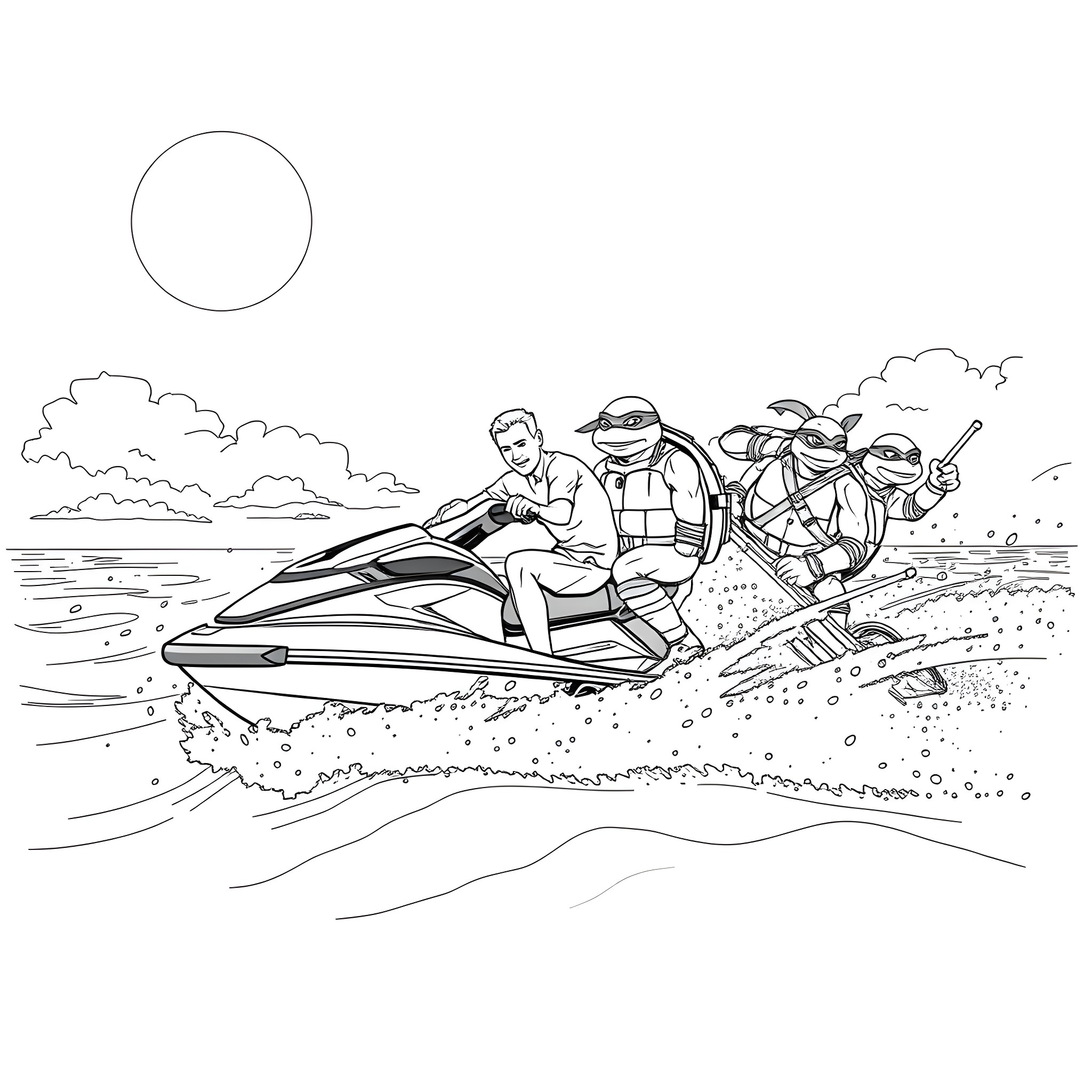 Chase on the Waves: Friends Enjoying Jet Ski Adventure Coloring Page (free black-and-white line drawing printable PDF for all, from beginners to advanced learners, including children, teens, adults, and seniors)