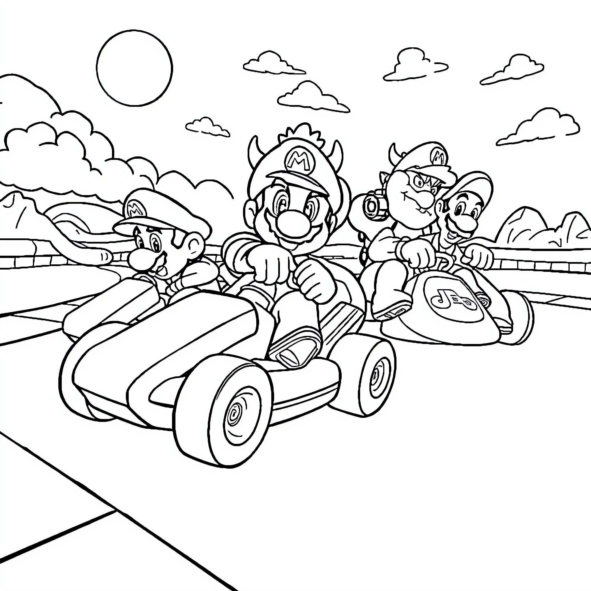 Mario Kart Characters Racing on a Track Coloring Page (free black-and-white line drawing printable PDF for all, from beginners to advanced learners, including children, teens, adults, and seniors)