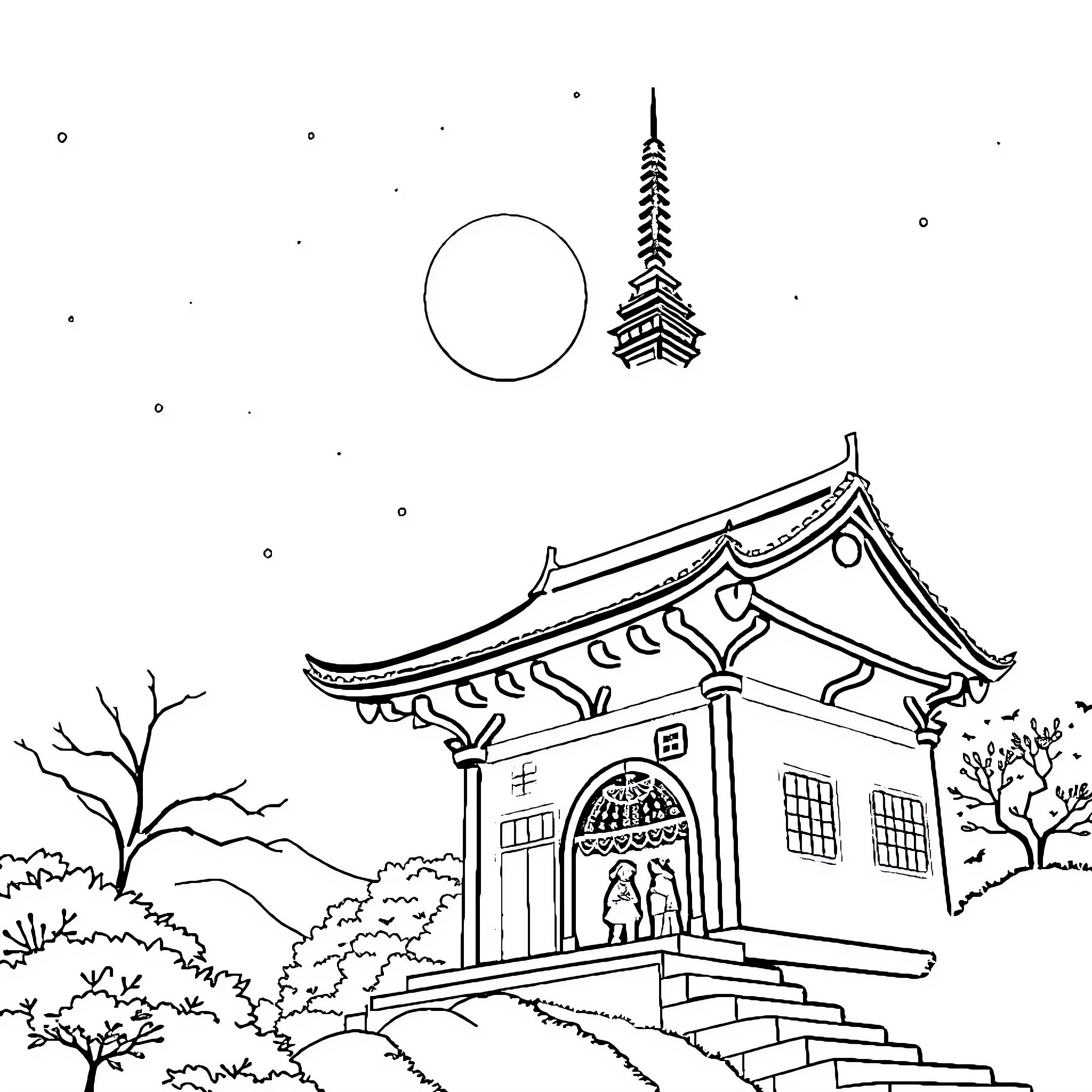 Ghibli-inspired Japanese pagoda in a serene landscape Coloring Page (free black-and-white line drawing printable PDF for all, from beginners to advanced learners, including children, teens, adults, and seniors)